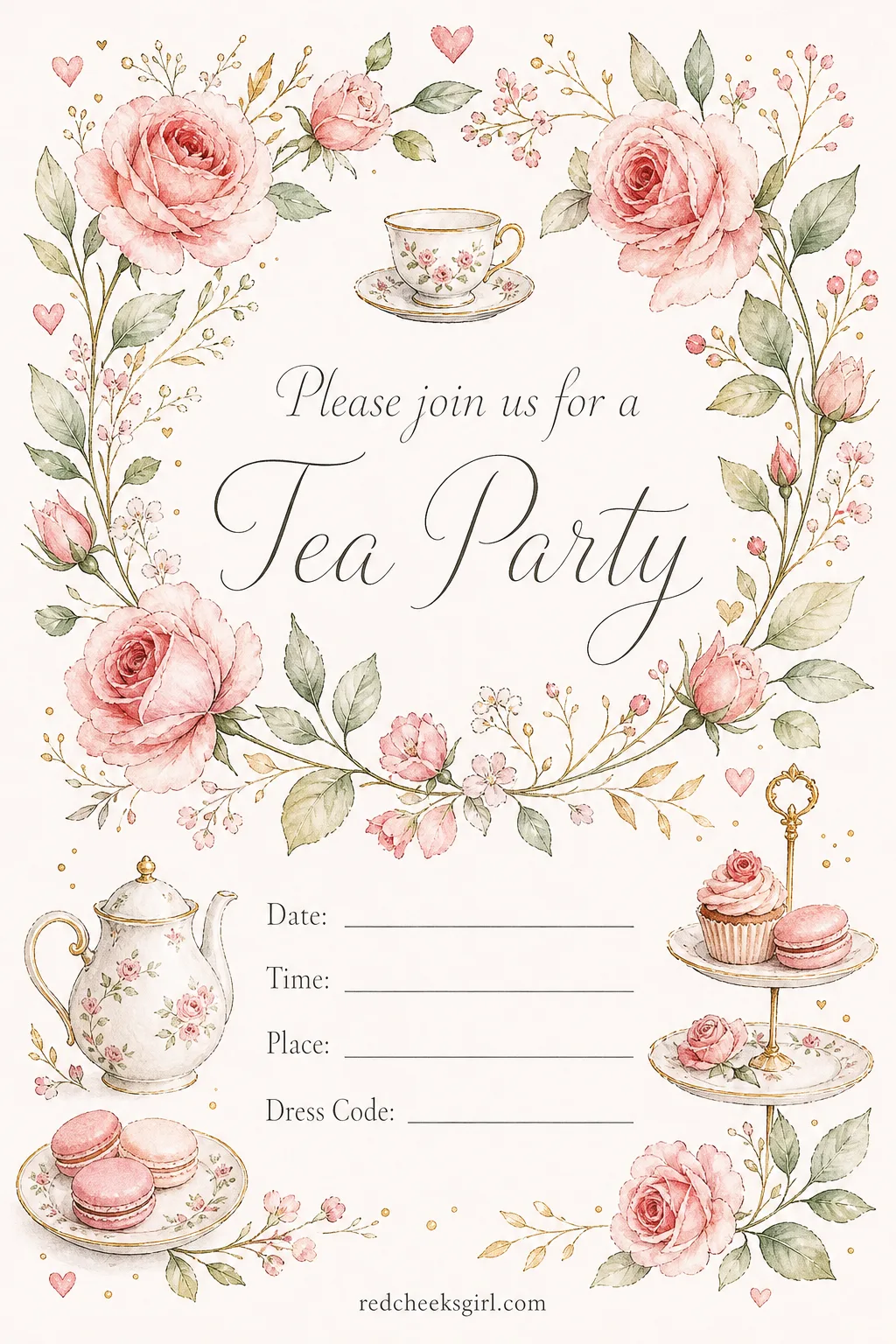 The Tea Party Invite printable sheet — A quieter afternoon, teacups rather than cocktail glasses, conversation at a lower volume than usual. Galentines