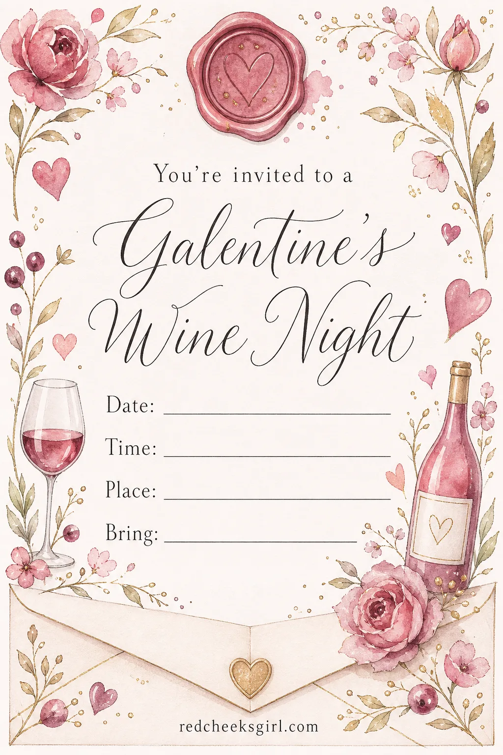 The Wine Night Invite printable sheet — Bring a bottle, sit around the table, and let the conversation run long. Galentines invitation