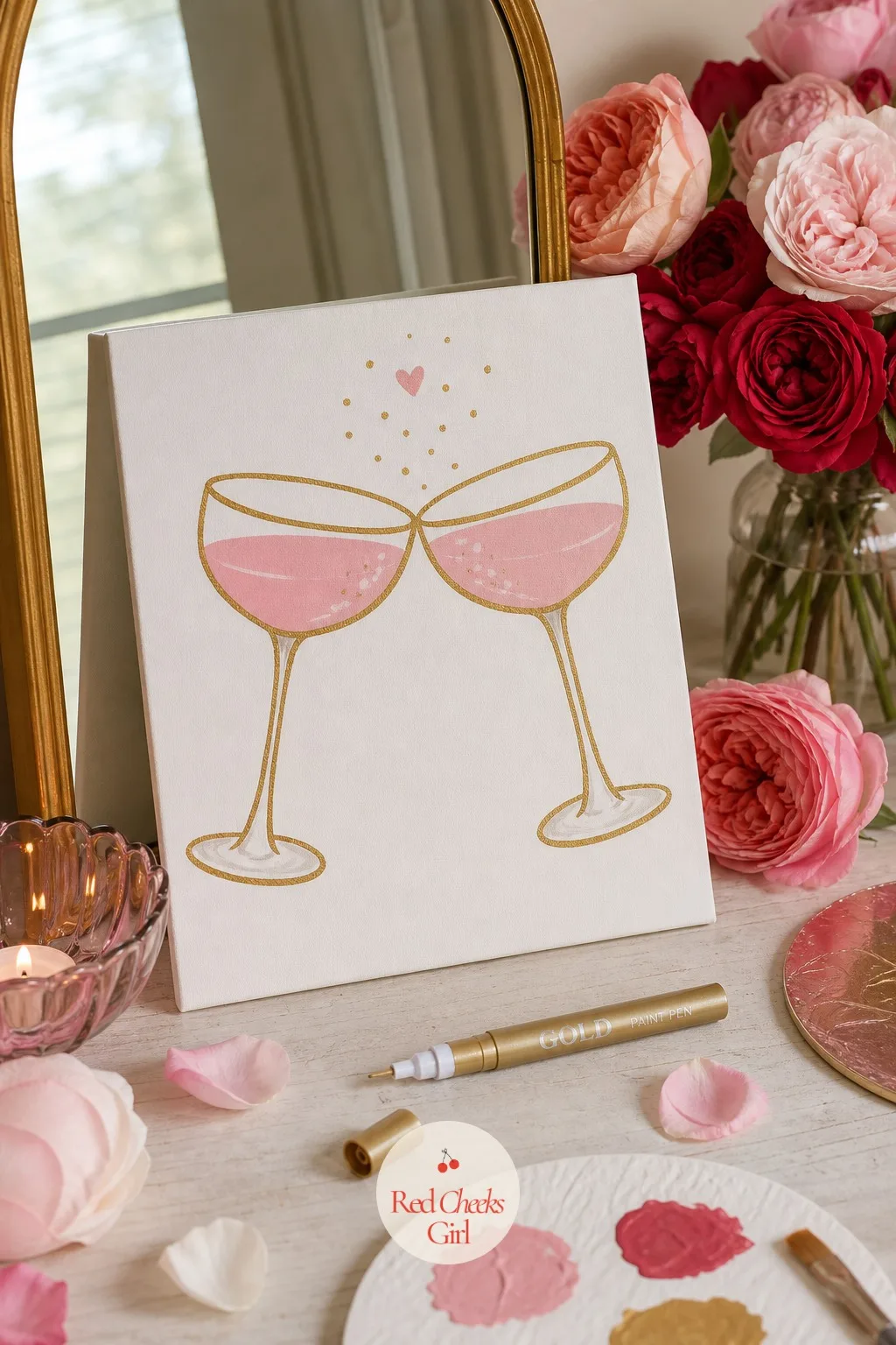 Clinking Pink Champagne Coupes — Two coupe glasses mid-toast, rose bubbles rising inside gold-rimmed glass, give the room an actual reason to raise their own