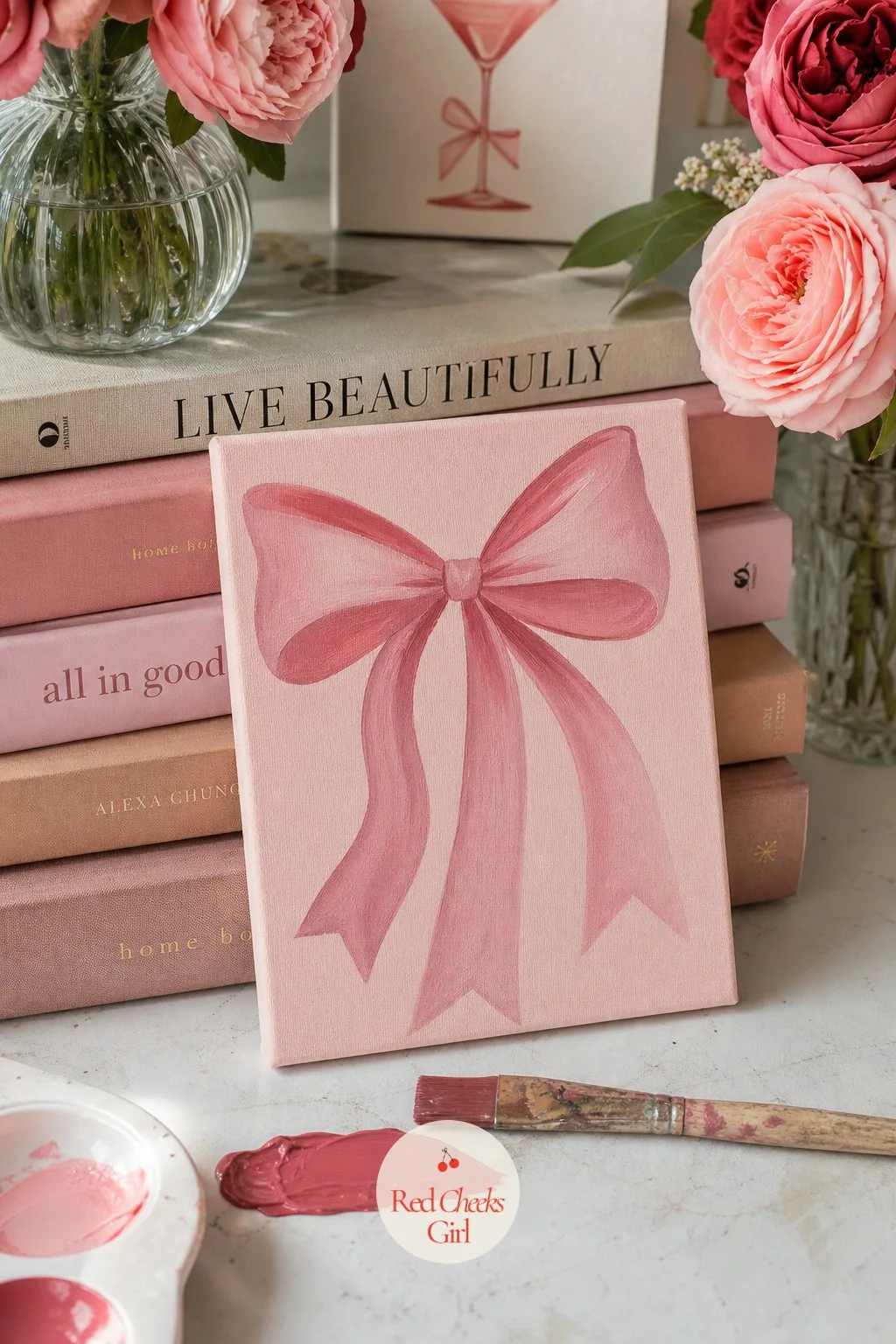 Coquette Bow — One oversized satin bow, ribbon tails trailing off the edge of the board, might be the quickest genuine win of the whole night. Galentines paint