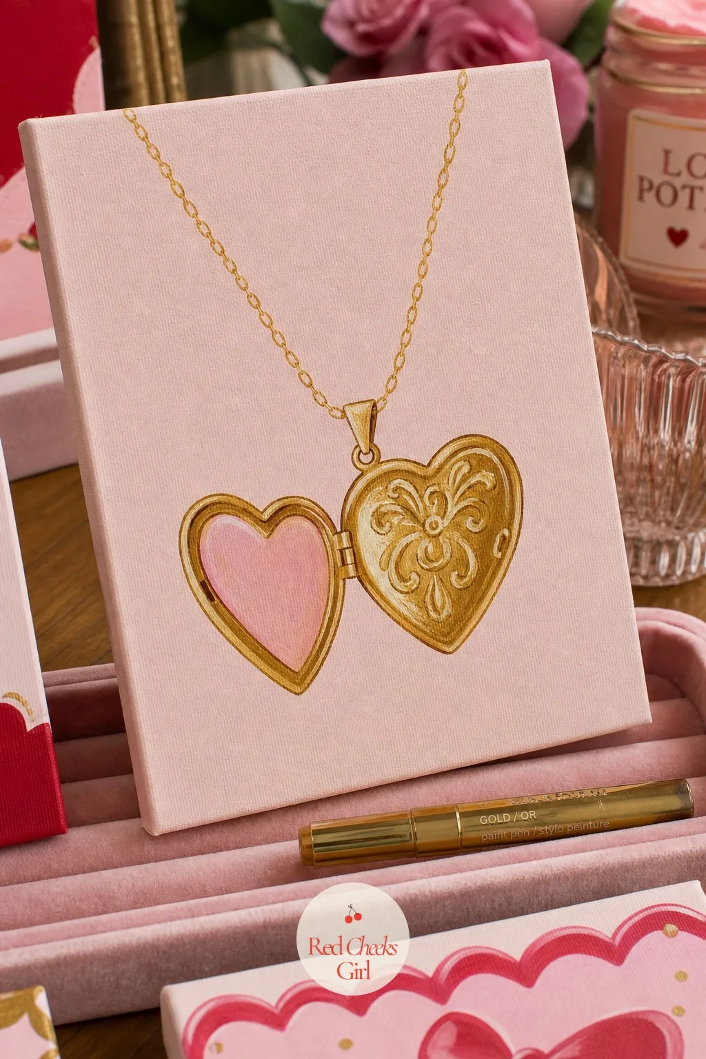 Heart Locket on a Chain — A small gold locket hanging open on a fine chain, resting as if just set down on a table, is mostly a lesson in confident, steady