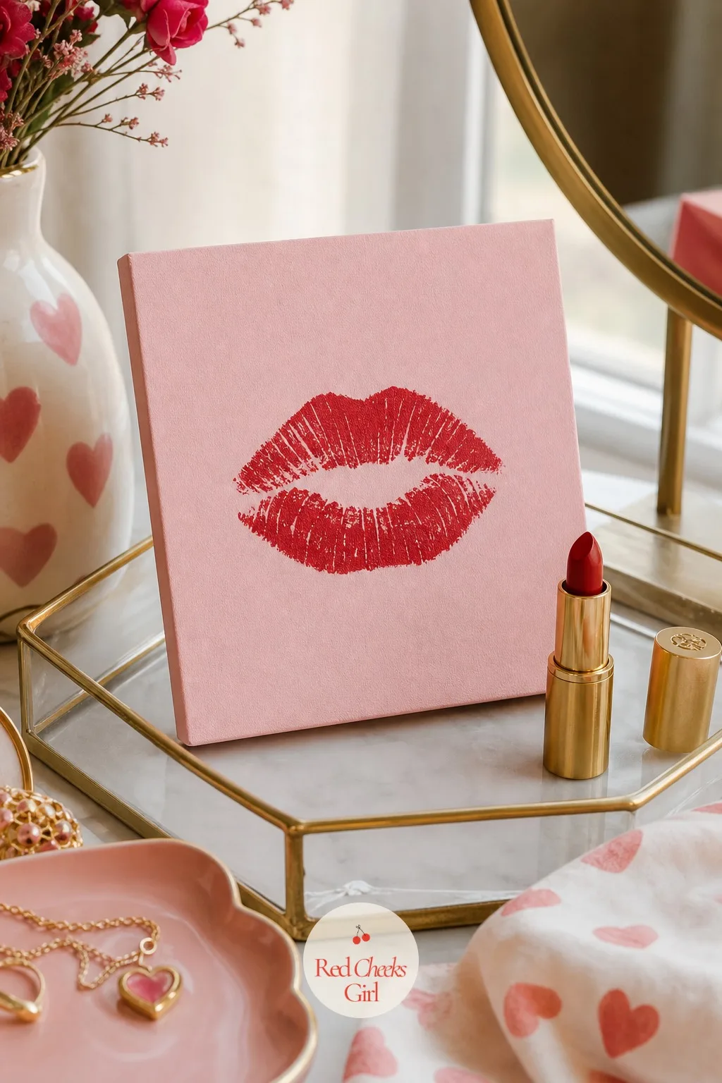 Lipstick Kiss Mark — One cherry-red lip print stamped on a soft pink ground is less a painting and more a dare, and it rarely takes longer than fifteen