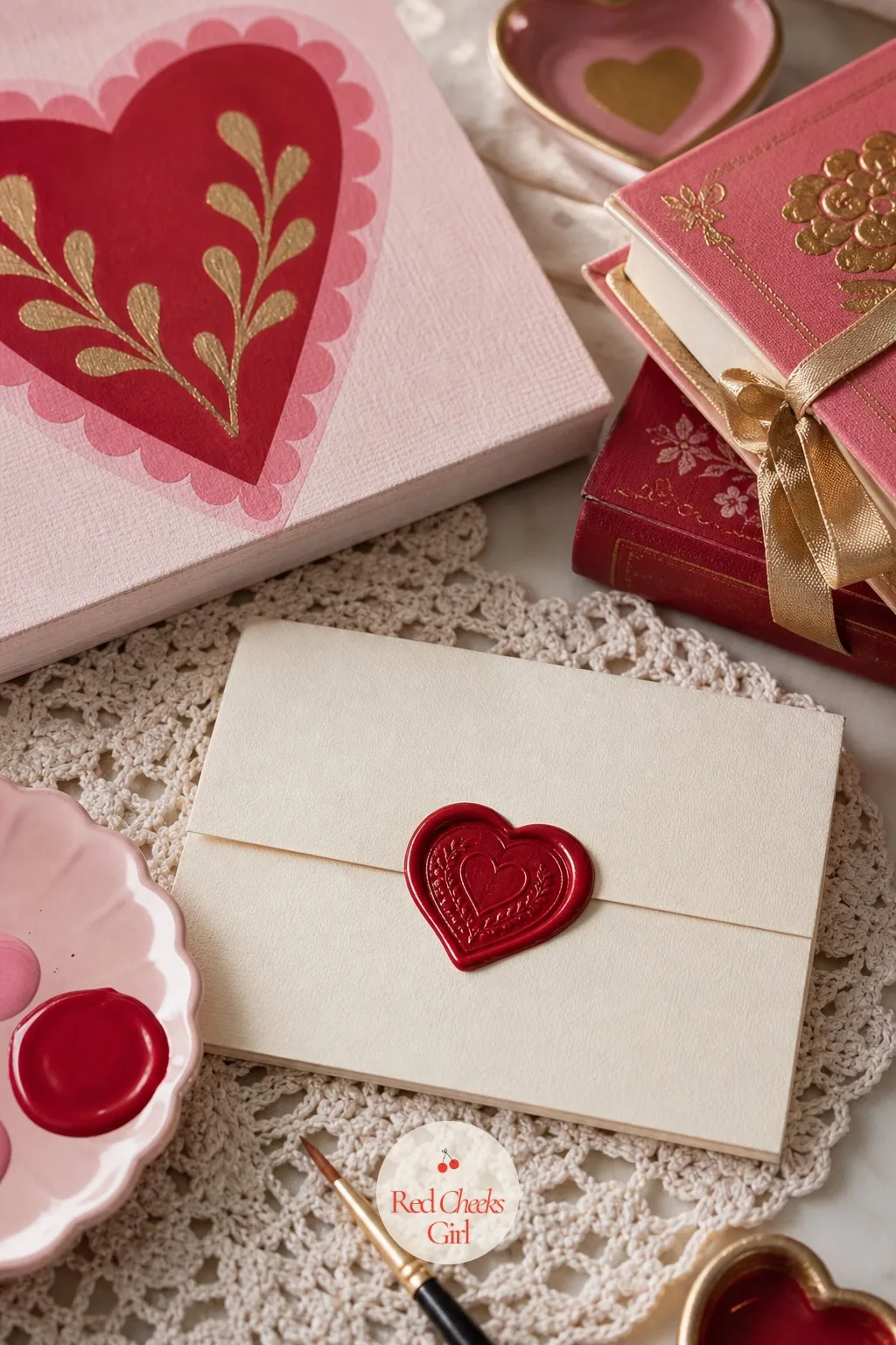 Love Letter with a Wax Seal Heart — A folded paper edge with one cherry-red wax seal stamped on top, a thin ribbon just visible underneath, makes a quiet