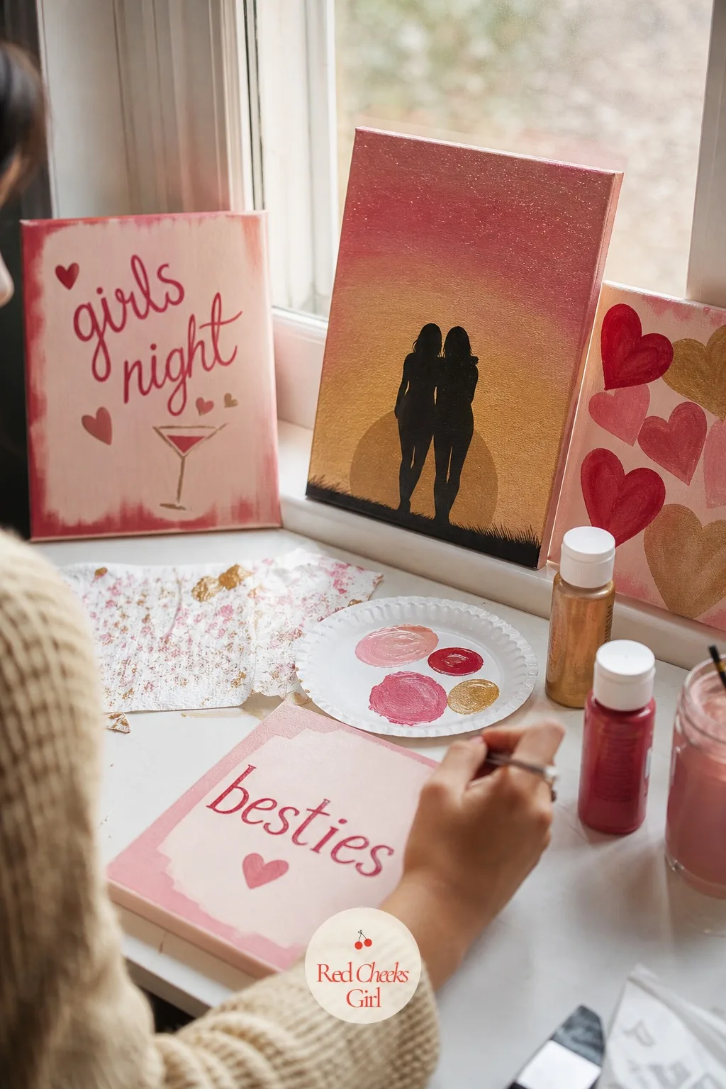 Two Friends in Silhouette — Two silhouettes standing close against a sunset wash of blush fading into gold ask for almost no drawing skill and somehow end up