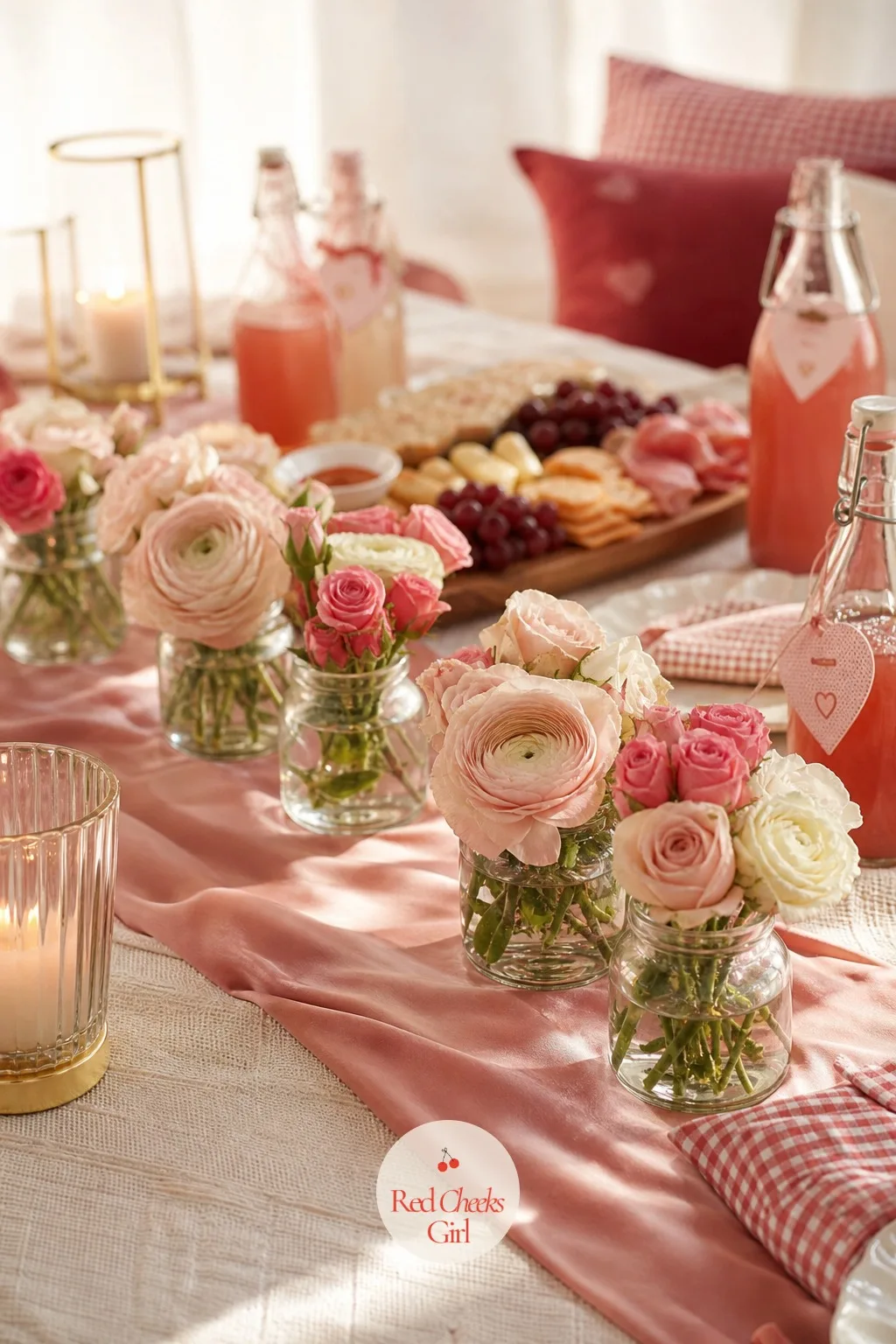 Flowers in Jam Jars — Without flowers somewhere on the table, the whole spread reads as food and only food, no occasion attached to it. Galentines picnic