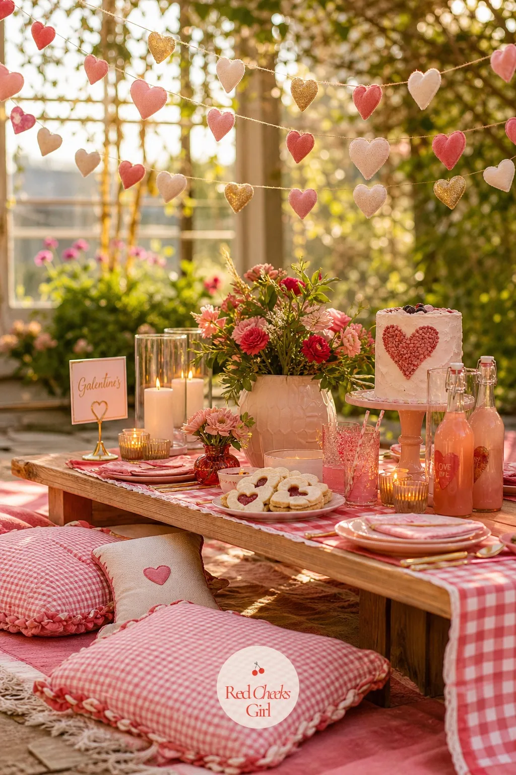 A Heart Garland Strung Overhead — Without something above head height, the whole table reads flat no matter how pretty it looks from a chair. Galentines picnic