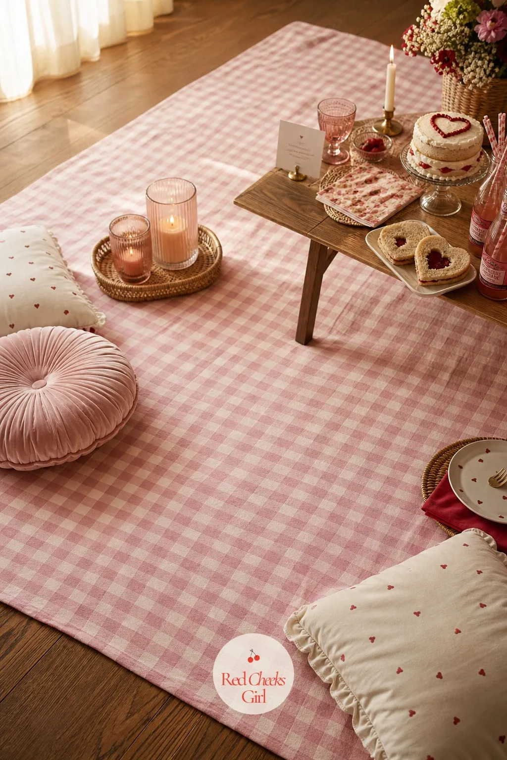 The Pink Gingham Blanket Underneath — A bare rug under a party looks like nothing happened here yet. Galentines picnic