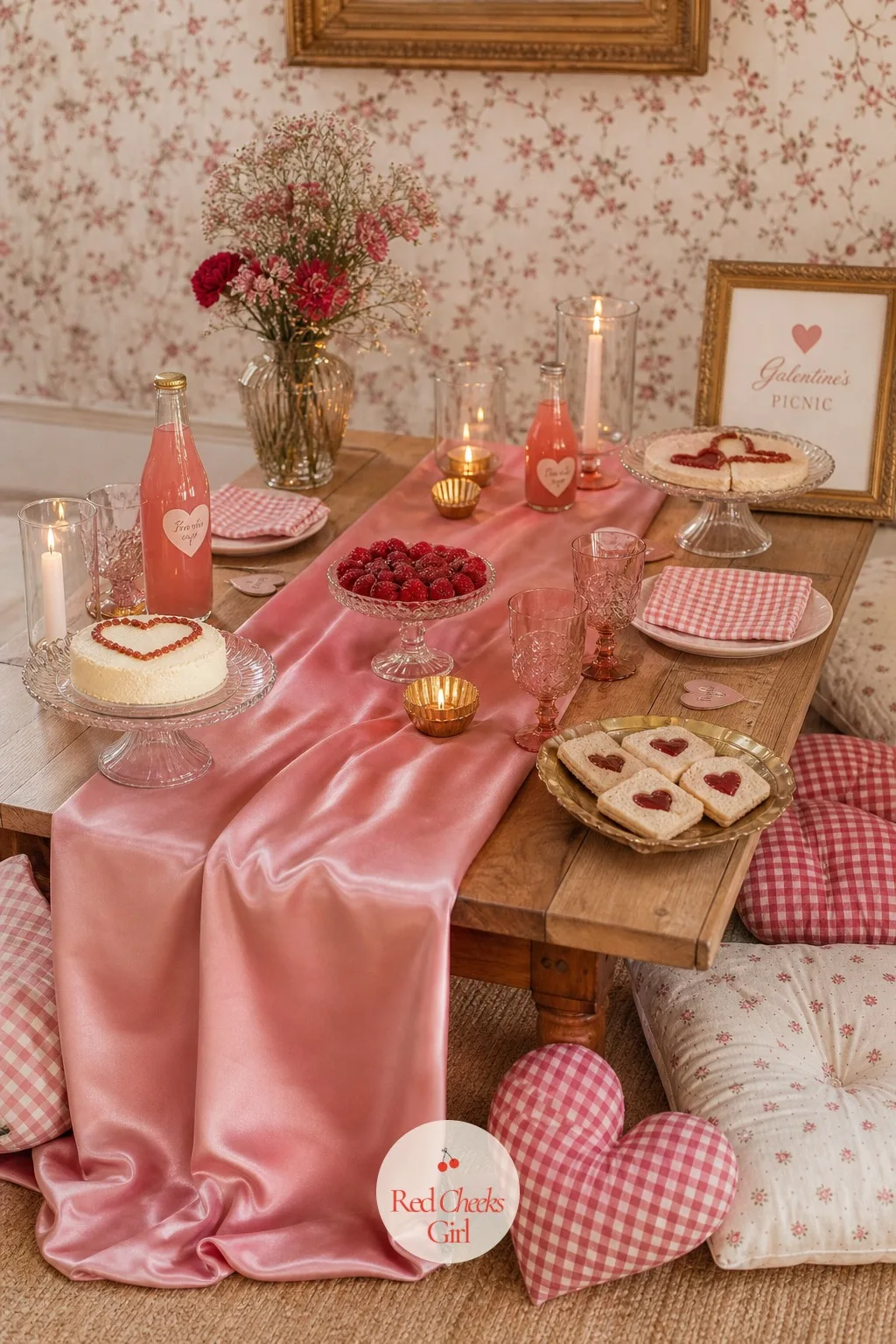 A Satin Table Runner Down the Middle — A checked blanket alone can look a little flat once the plates go down. Galentines picnic