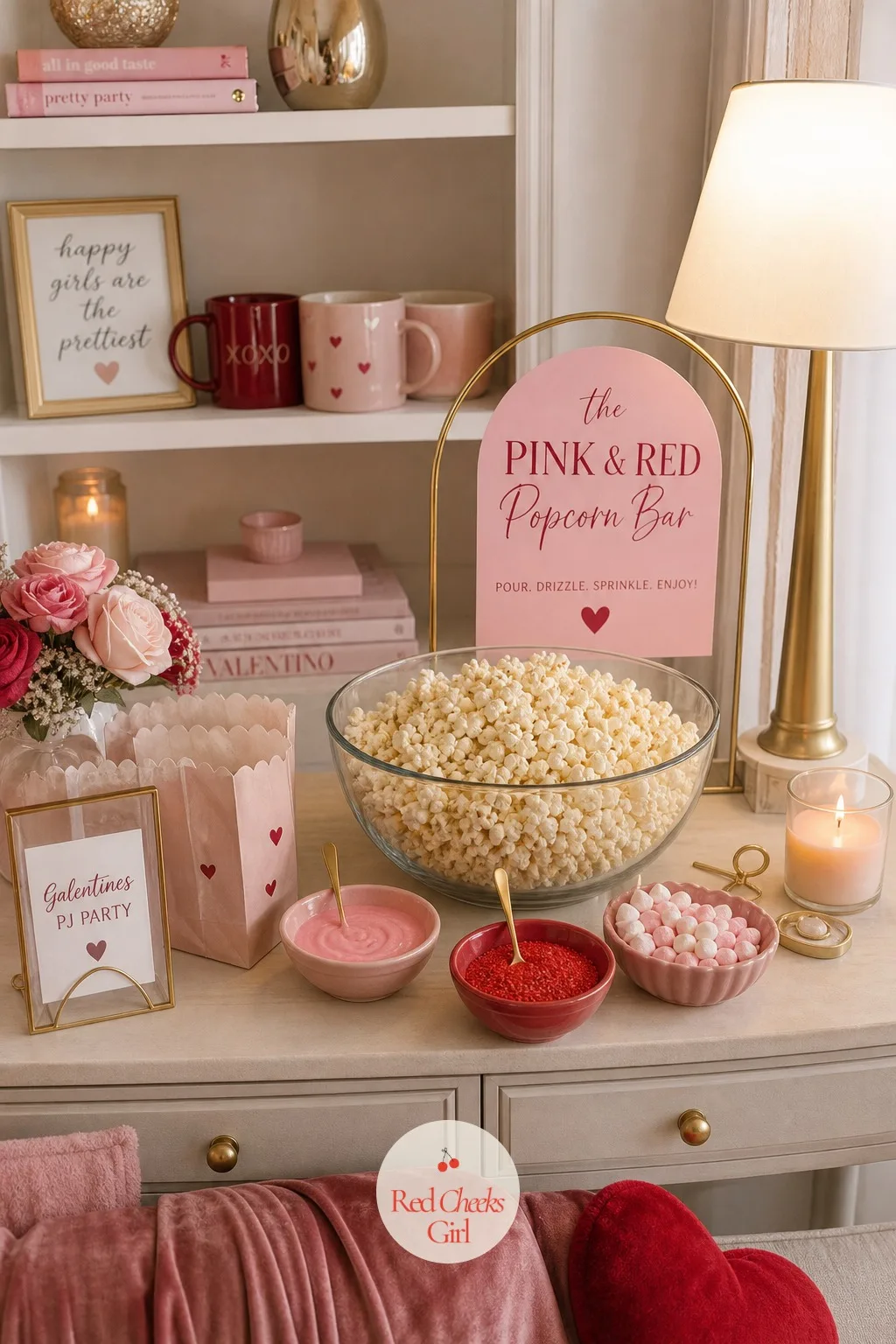 The Pink and Red Popcorn Bar — Plain popcorn in one bowl disappears fast and looks like an afterthought. Galentines pj party