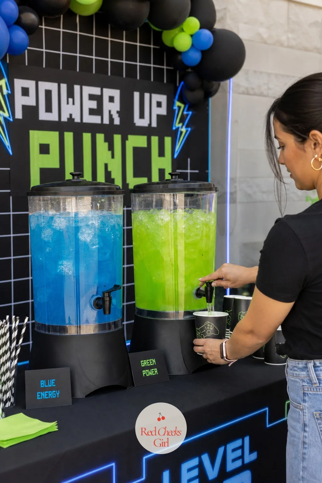 Power-Up Punch Station — Thirsty kids will drink whatever is closest, so make the closest thing match everything else on the table. Gamer birthday party ideas