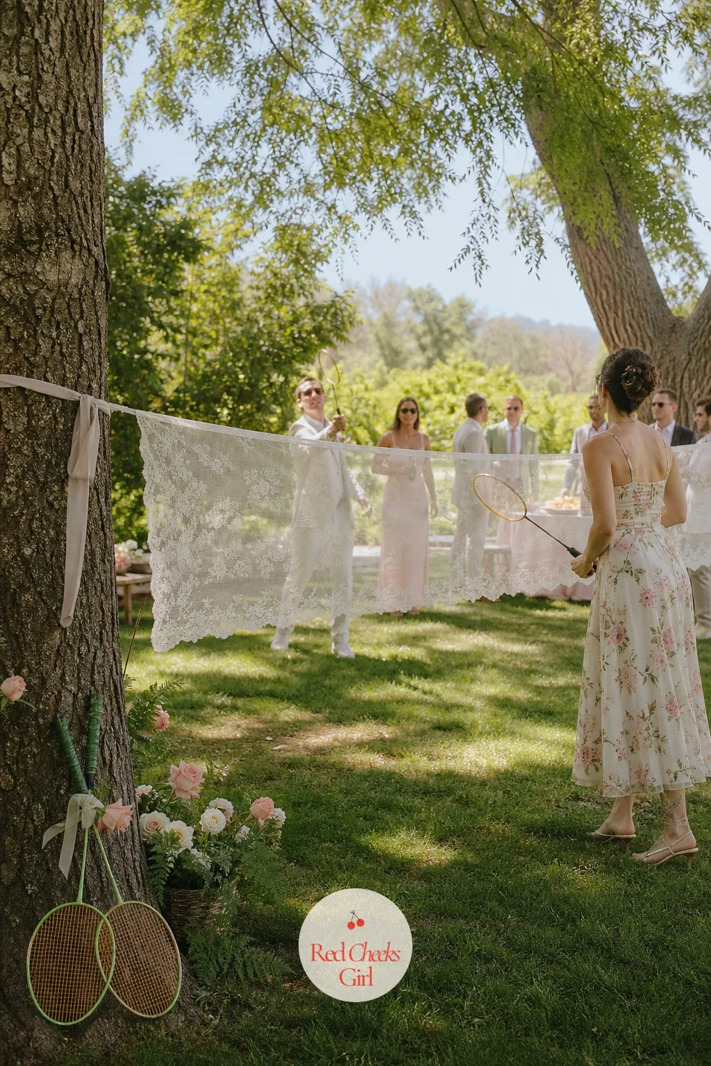 A Badminton Court Strung Between Two Trees — A sports-store badminton set looks out of place next to roses and vintage glass. Garden party wedding