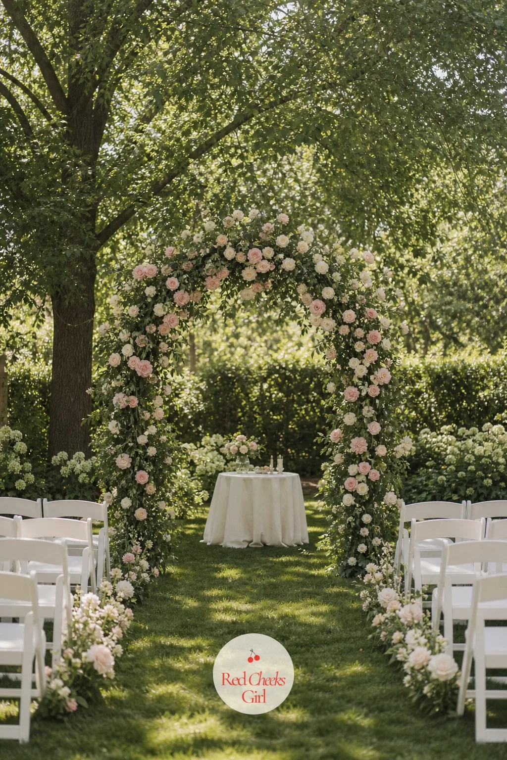 Ceremony Arch Framed by Climbing Roses — A bare arch reads like an afterthought, wire and good intentions with nothing finished about it. Garden party wedding