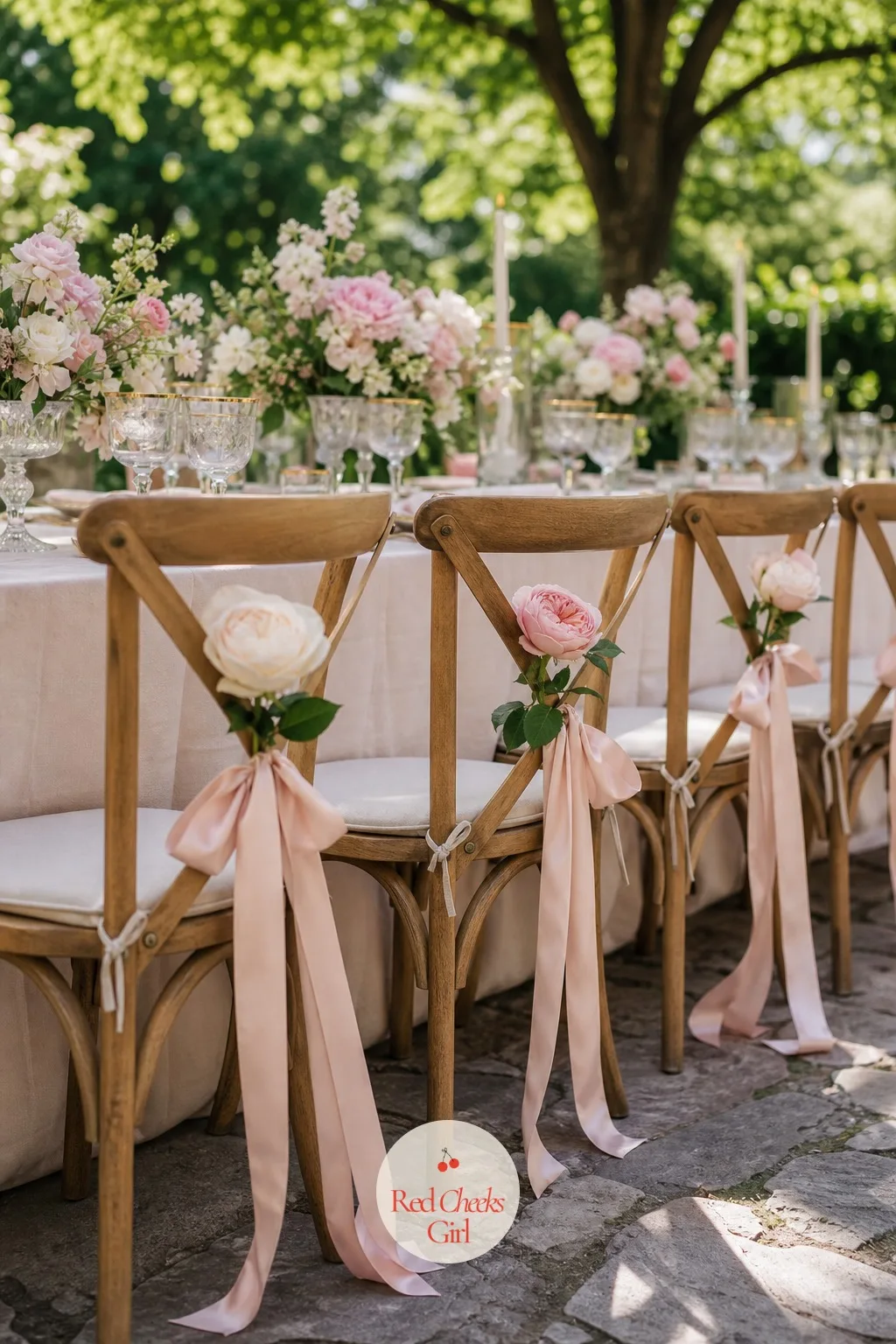 Chairs Tied with Trailing Ribbon and a Single Garden Rose — Even the best dressed table looks unfinished if the chair backs are left bare. Garden party wedding