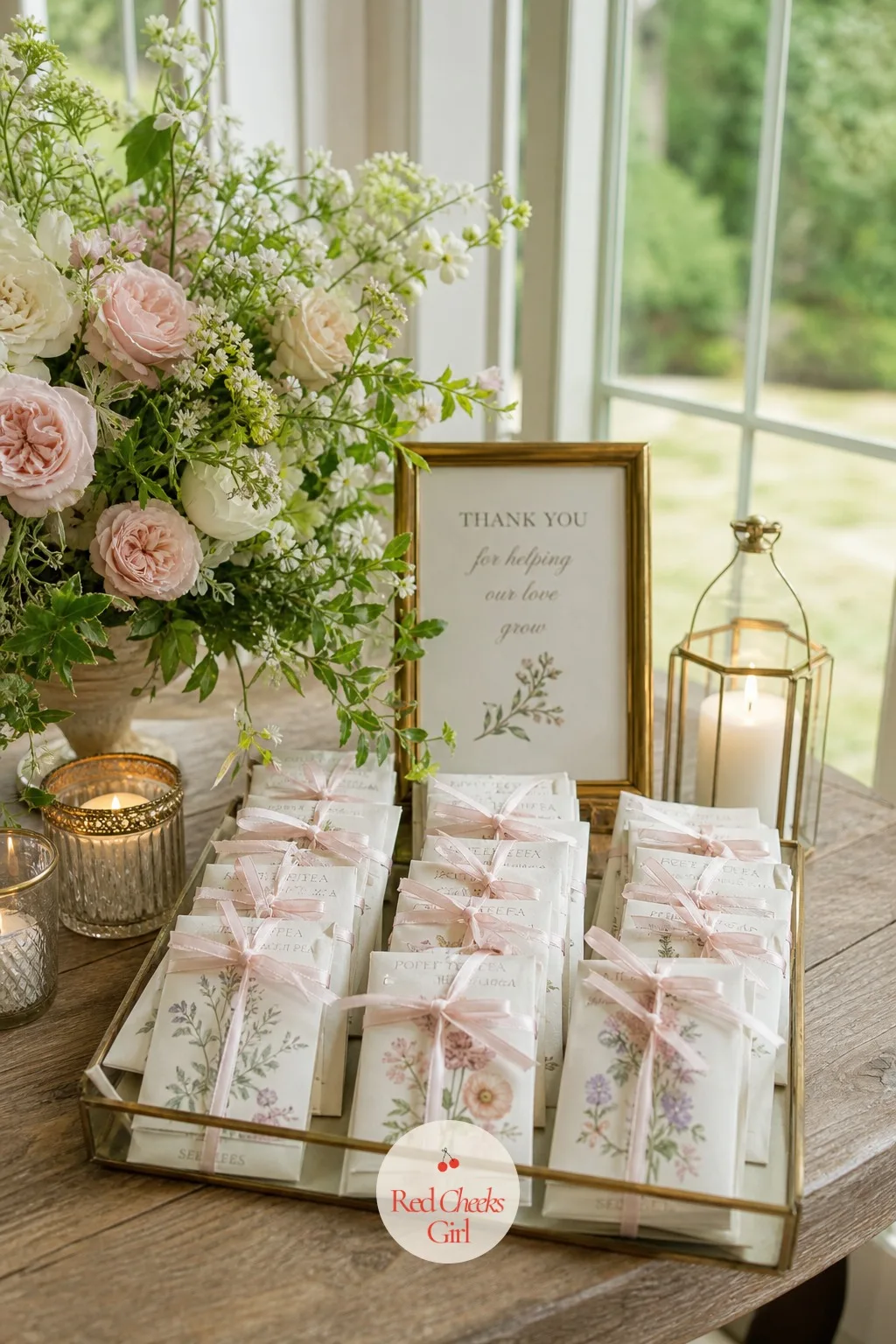 A Favor Table with Seed Packets Tied in Ribbon — Favors that end up in a drawer by Monday are not really favors. Garden party wedding