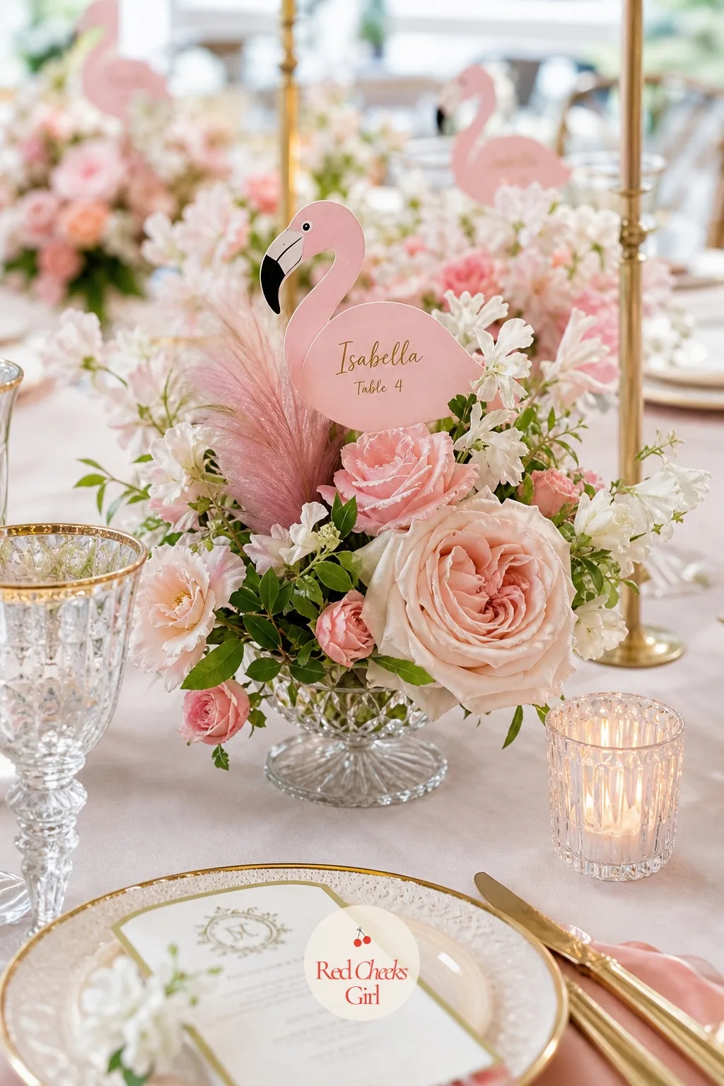 Flamingo-Shaped Place Cards with Pink Feather Accents — A plain rectangle of card stock does its job and nothing more. Garden party wedding