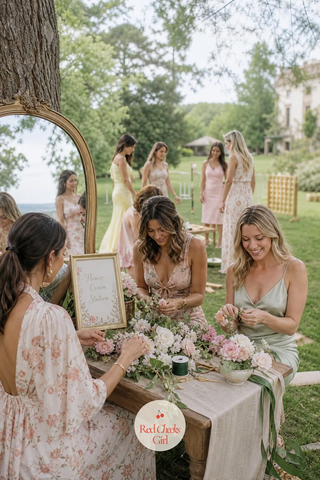 A Flower Crown Station Beside the Lawn Games — Leftover stems from the morning's arrangements usually end up in a bin. Garden party wedding