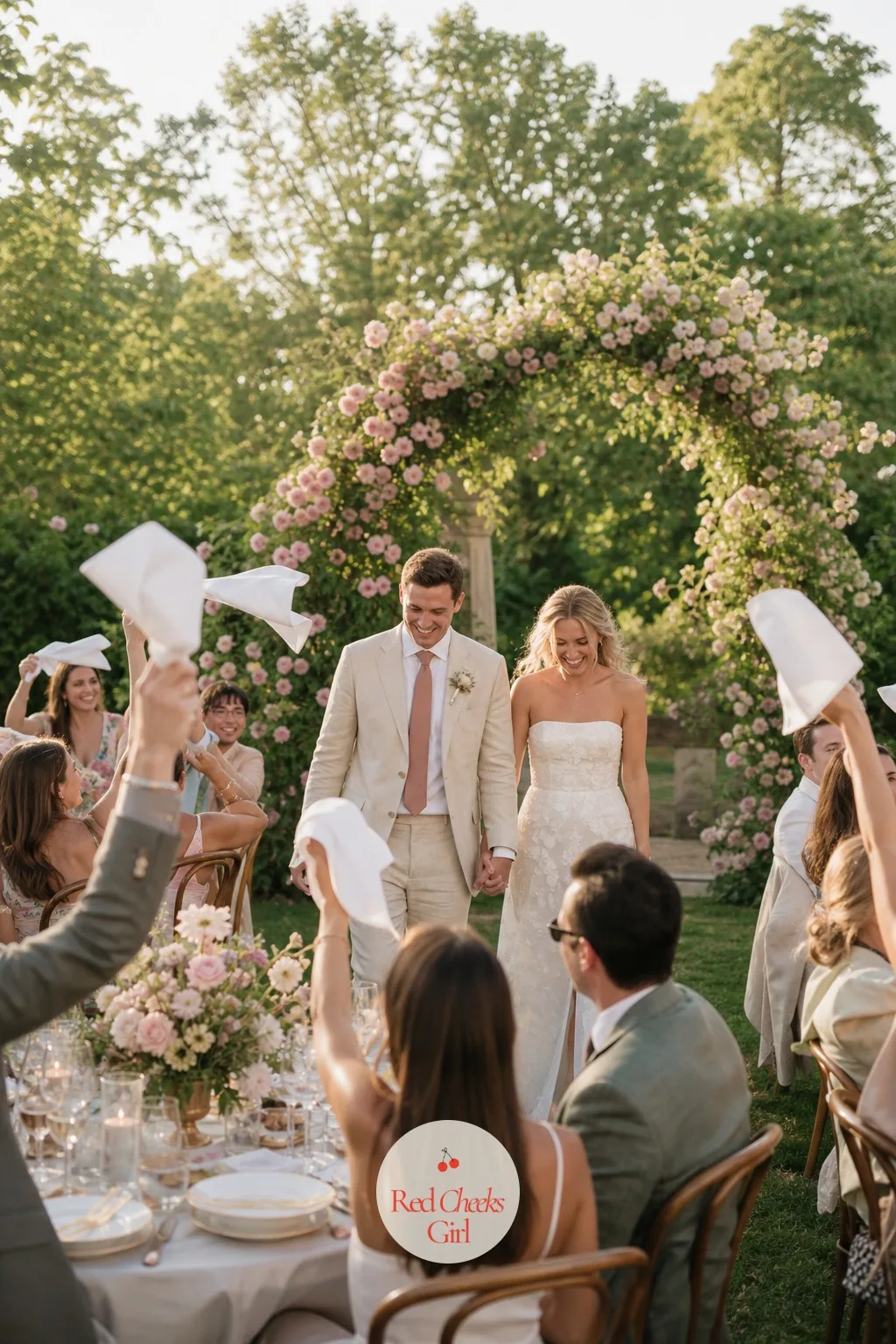 Guests Waving White Napkins as the Couple Walks In — Polite clapping is fine, but it photographs flat. Garden party wedding