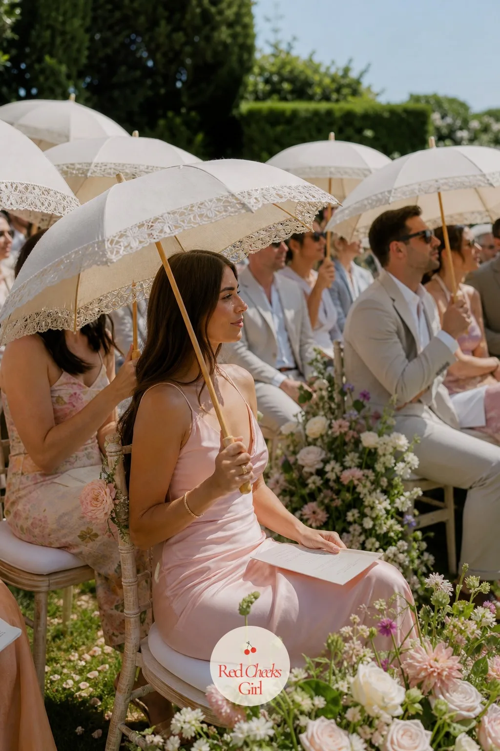 Lace-Trimmed Parasols for Guests to Borrow — Midday sun during the ceremony photos is a different problem than heat at the entrance, and a straw hat does not