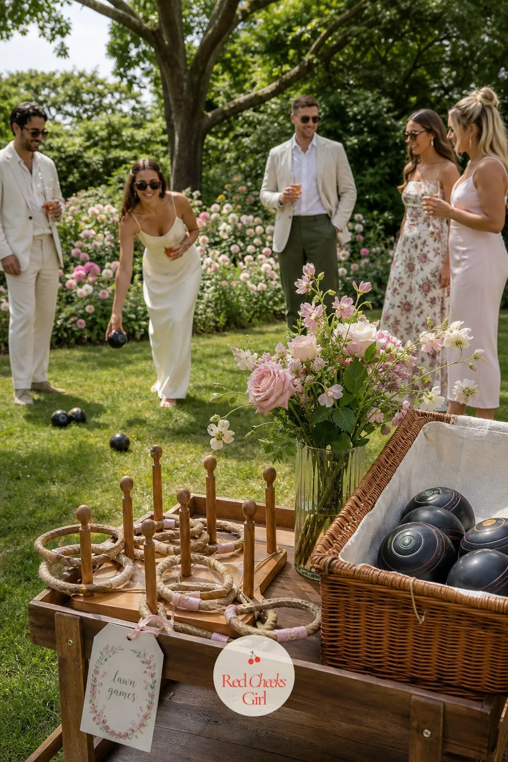 A Lawn Games Corner with Ring Toss and Garden Bowls — Standing around waiting for cocktail hour gets old fast, even with a drink in hand. Garden party wedding