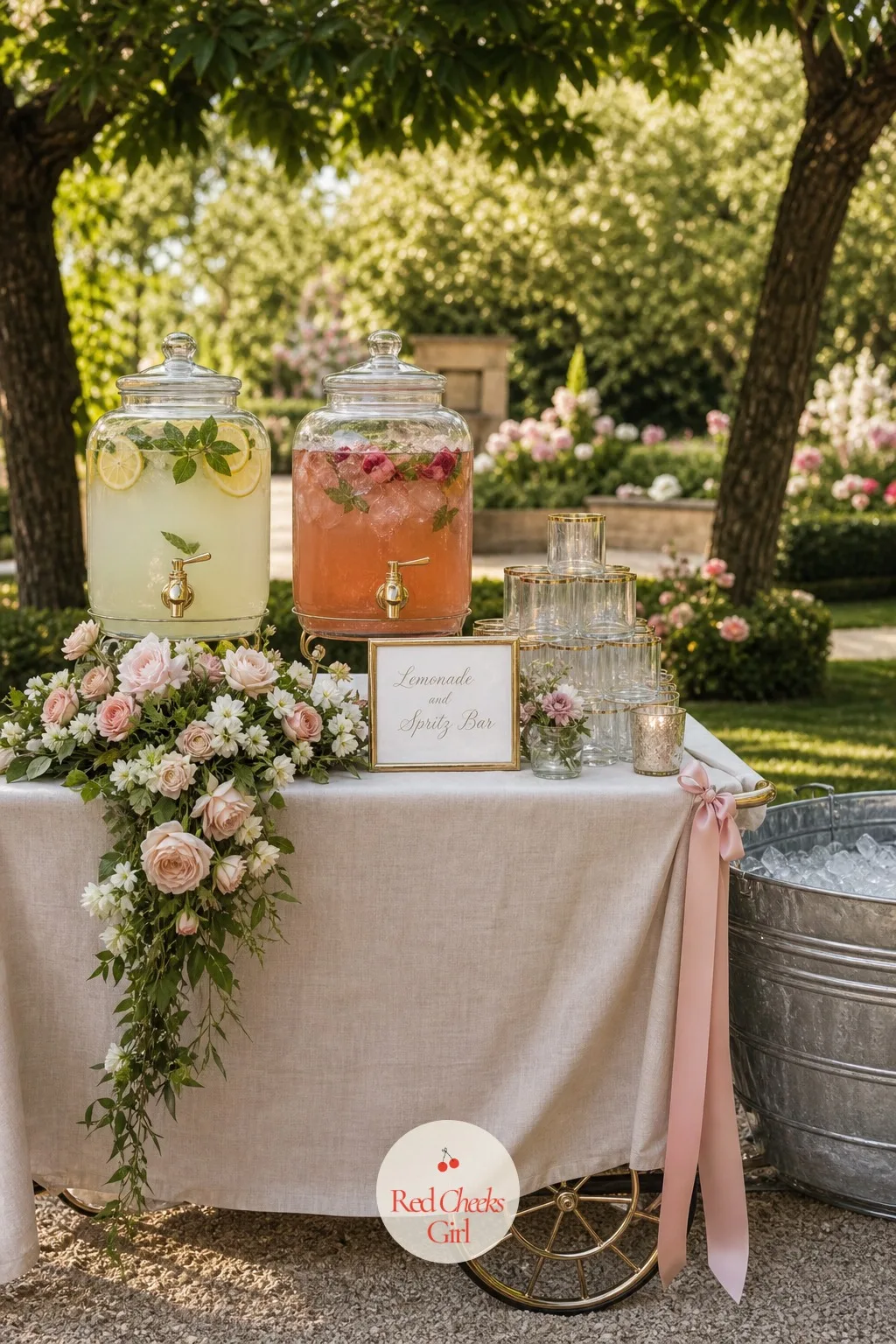 The Lemonade and Spritz Bar — A single bartender creates a queue the moment the ceremony ends. Garden party wedding
