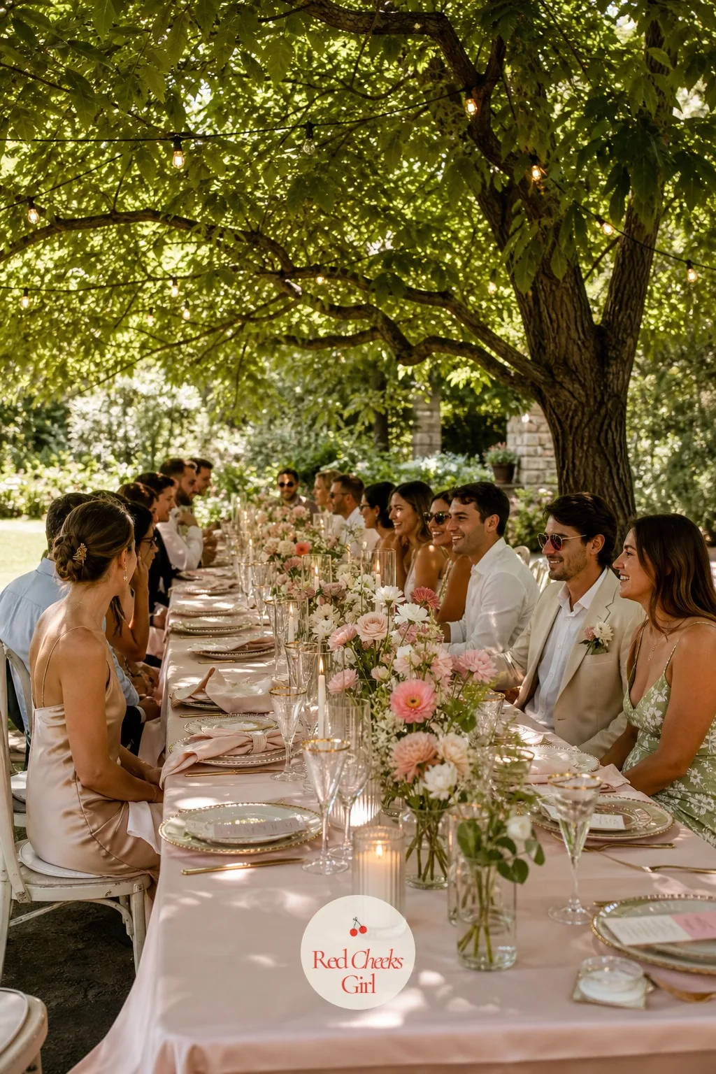 The Long Lunch Table Under the Trees — This is the one part of the day guests sit facing for hours, so it carries more weight than any single arrangement