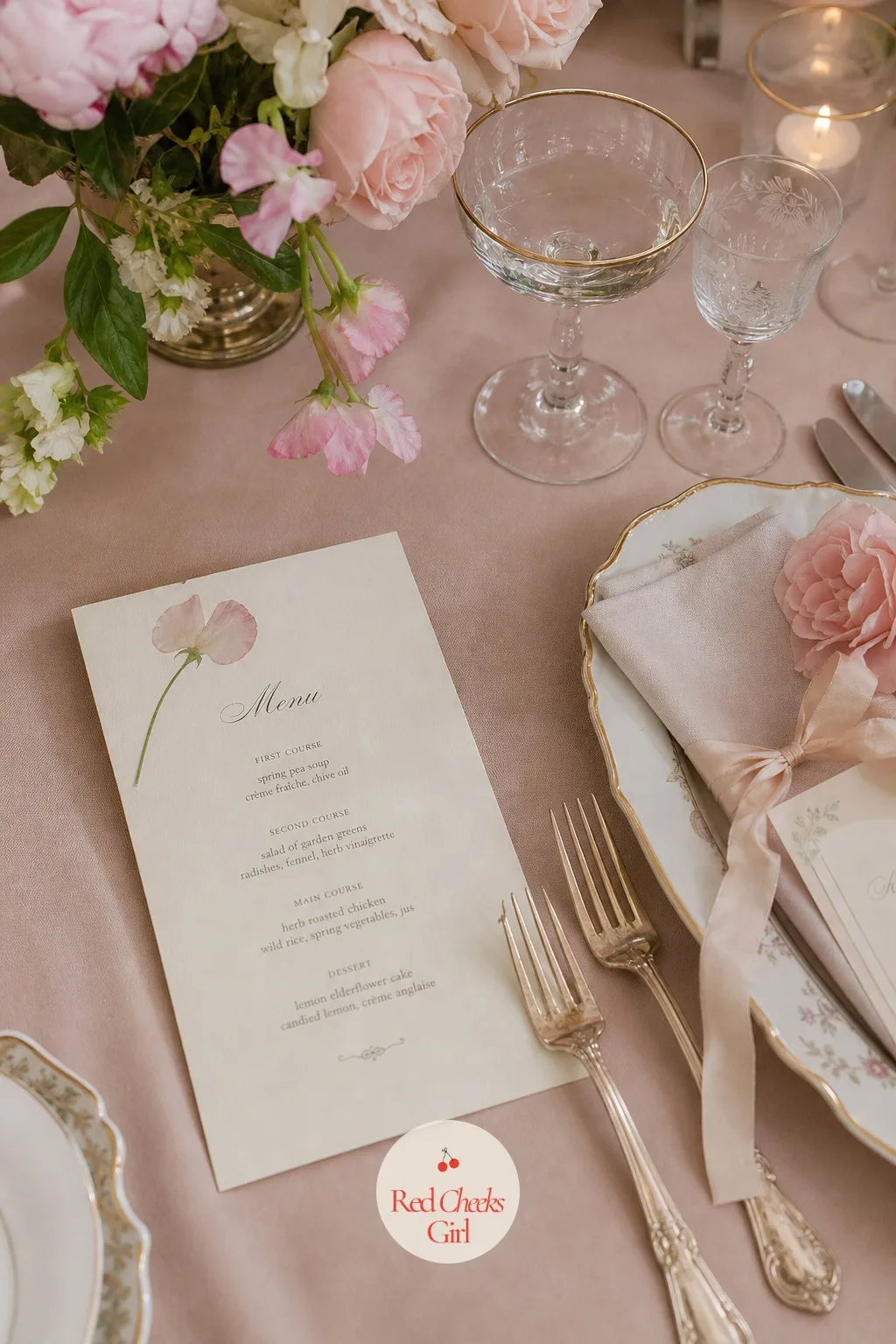 Menu Cards Pressed with Sweet Pea Blossoms — A printed menu card tells guests what is coming but rarely looks like it belongs on the table at all. Garden party