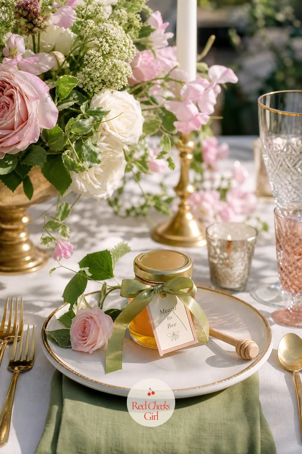 Mini Honey Jars Tied with Leaf Green Ribbon — An edible favor beats a trinket most of the time, and a small jar of honey feels generous without costing much