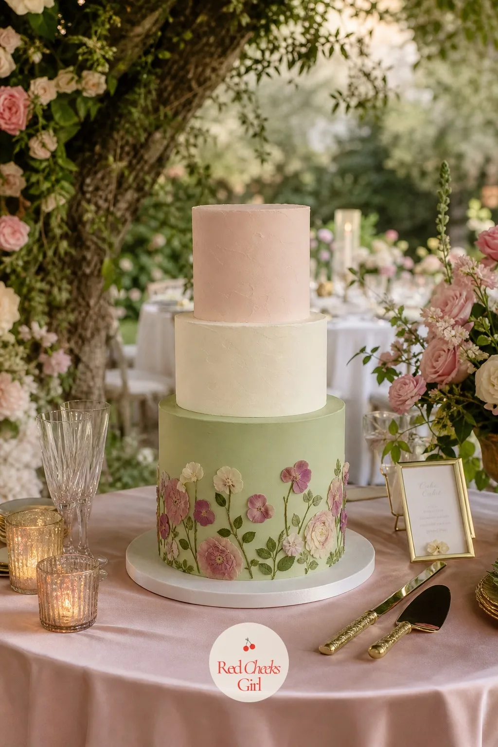 A Pastel Cake Finished with Pressed Flowers — Fresh flowers on a cake wilt within the hour in full sun, which is the last thing anyone wants photographed.