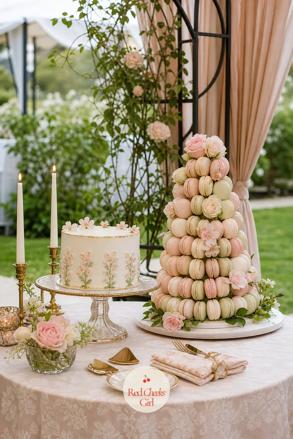 A Pastel Macaron Tower Beside the Cake — One cake rarely feeds everyone's sweet tooth, and a second full cake is more than the moment needs. Garden party