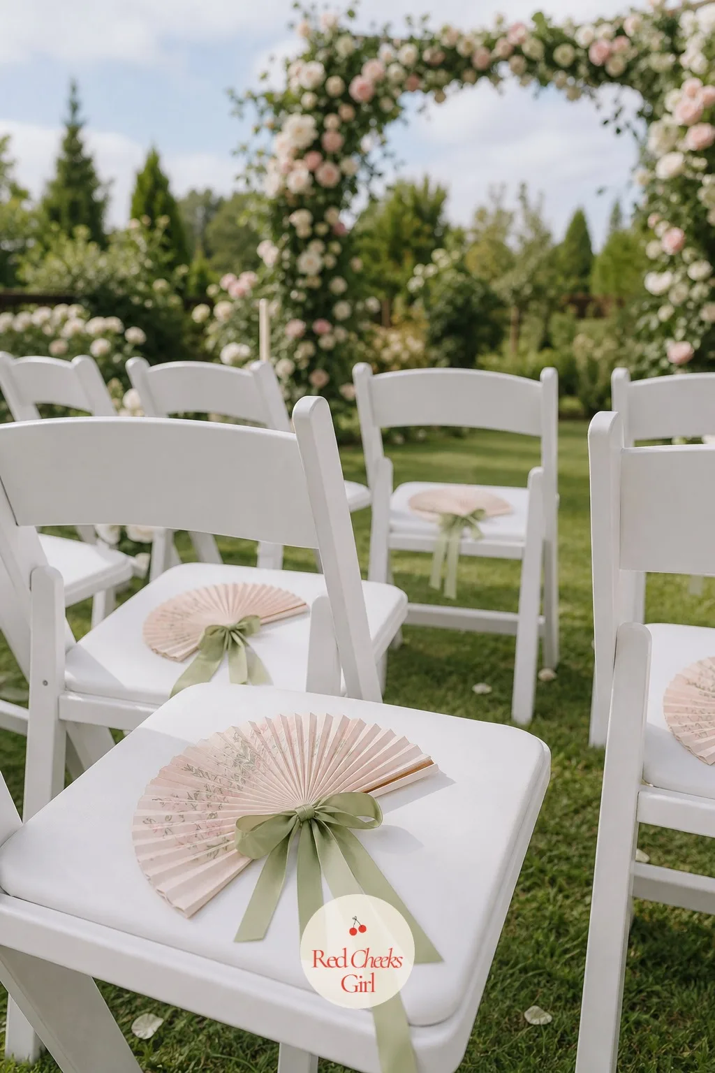 Ribbon-Tied Paper Fans Waiting on the Ceremony Chairs — An outdoor vow under full sun gets uncomfortable fast, and a crumpled paper programme makes a poor fan.
