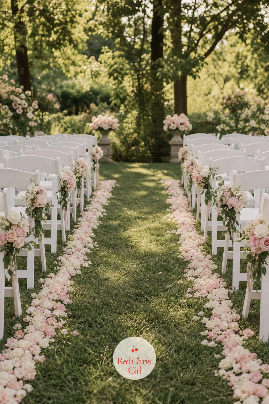 Rose and Sweet Pea Petals Lining the Aisle — A full aisle runner looks stiff on grass and slides underfoot by the second row of guests. Garden party wedding