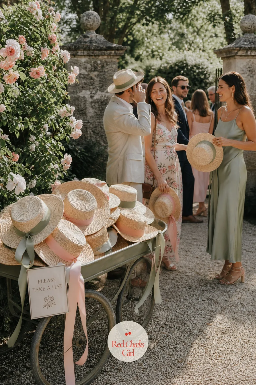 Straw Hats Waiting at the Entrance for Guests — Nobody wants to spend a daytime ceremony squinting, but a sea of identical matching hats can look more like a