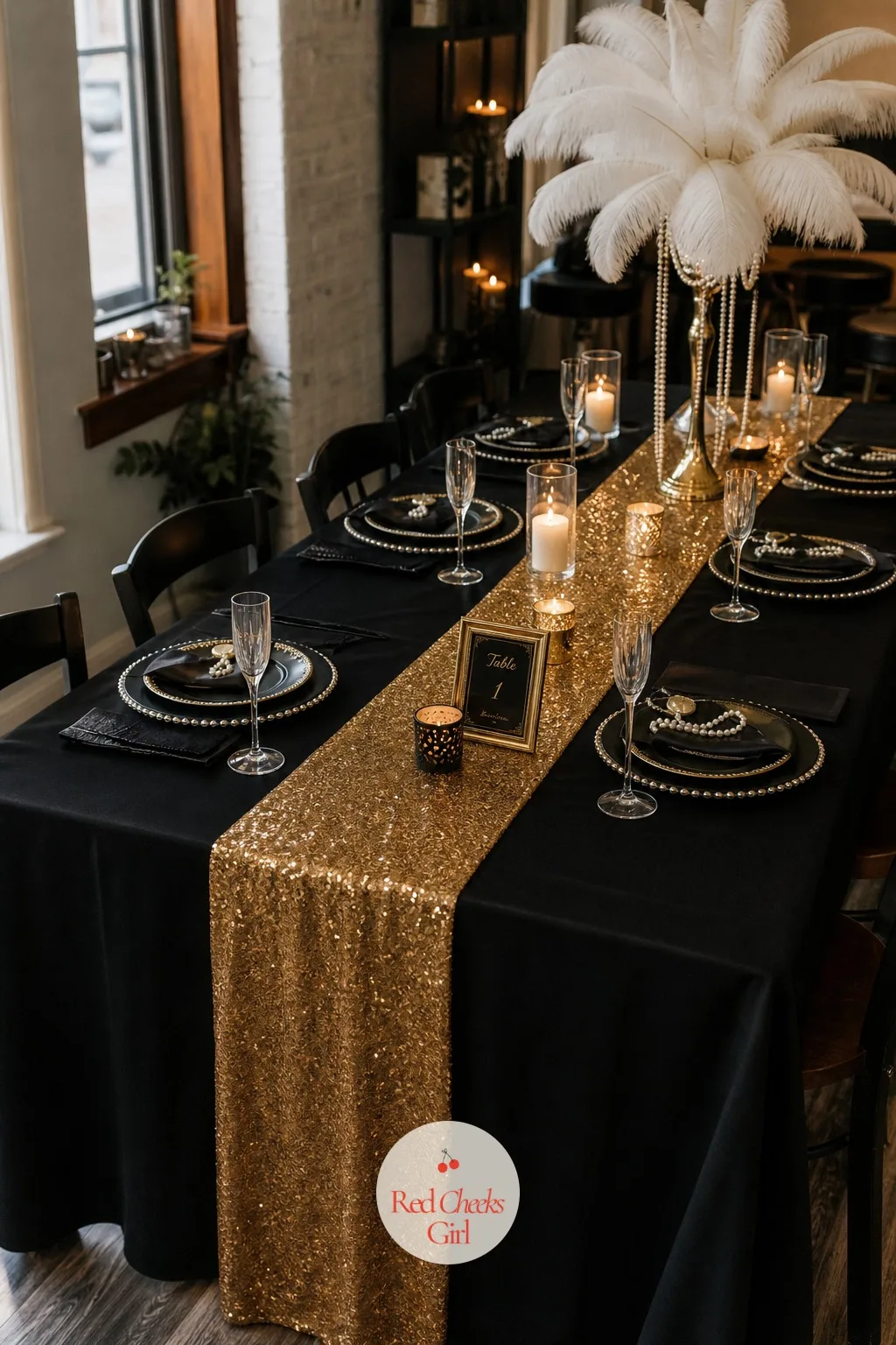 A Black Tablecloth with a Gold Sequin Runner — Everything standing on the table needs something underneath it, and plain white linen will fight the gold all