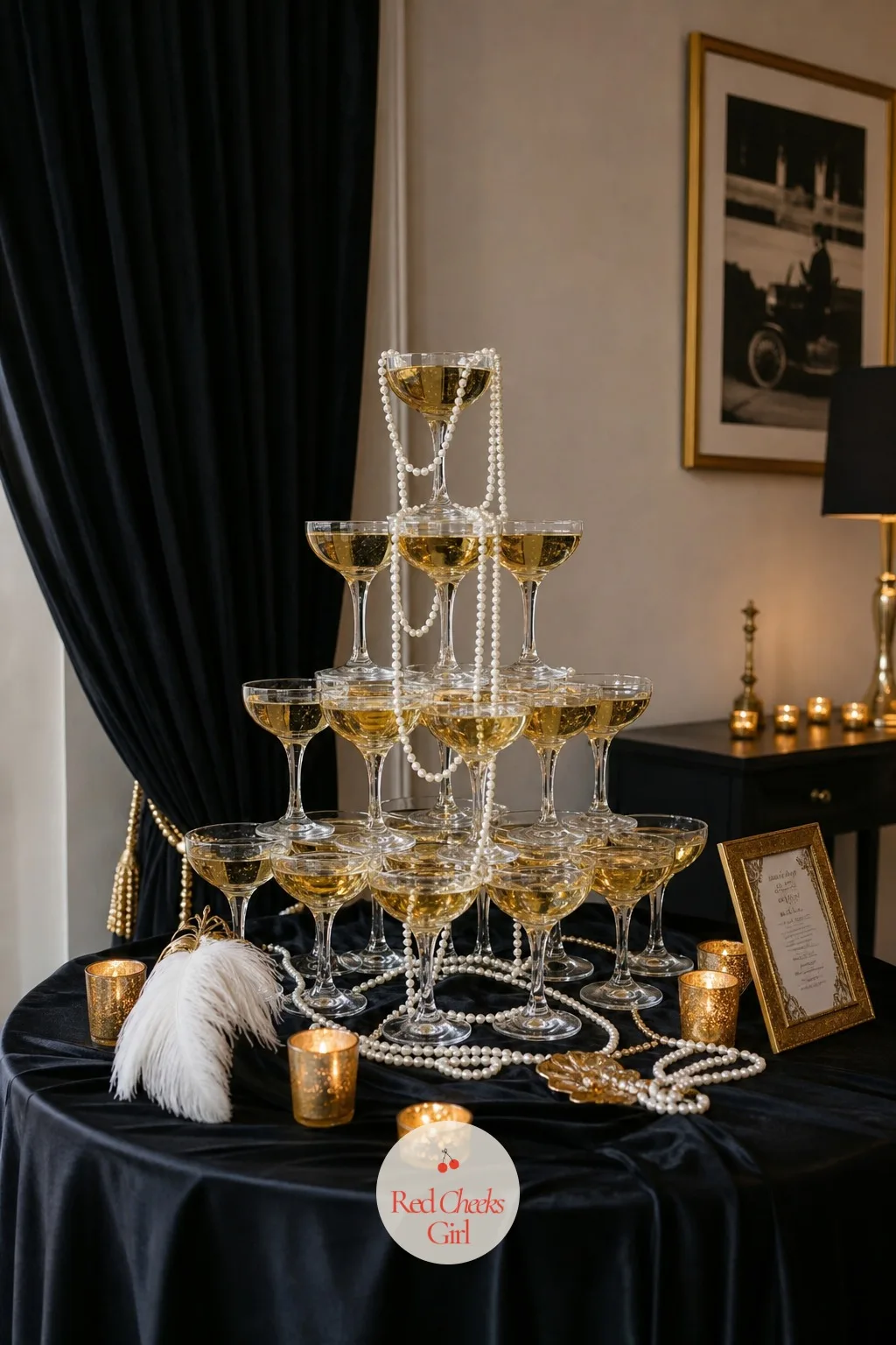 A Coupe Tower Draped in Pearls — If there is one show stopping moment to budget for, this is it: a tiered coupe glass tower, five or six rows stacking down to