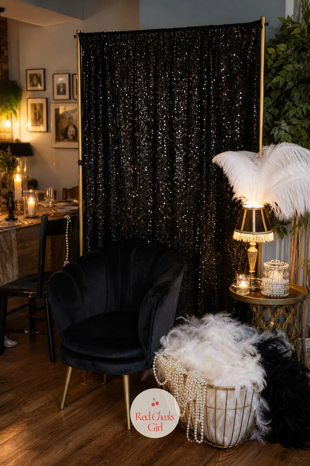 A Feather and Pearl Photo Corner — Everyone in a flapper dress or a sharp suit wants proof of it by the end of the night. Gatsby themed party