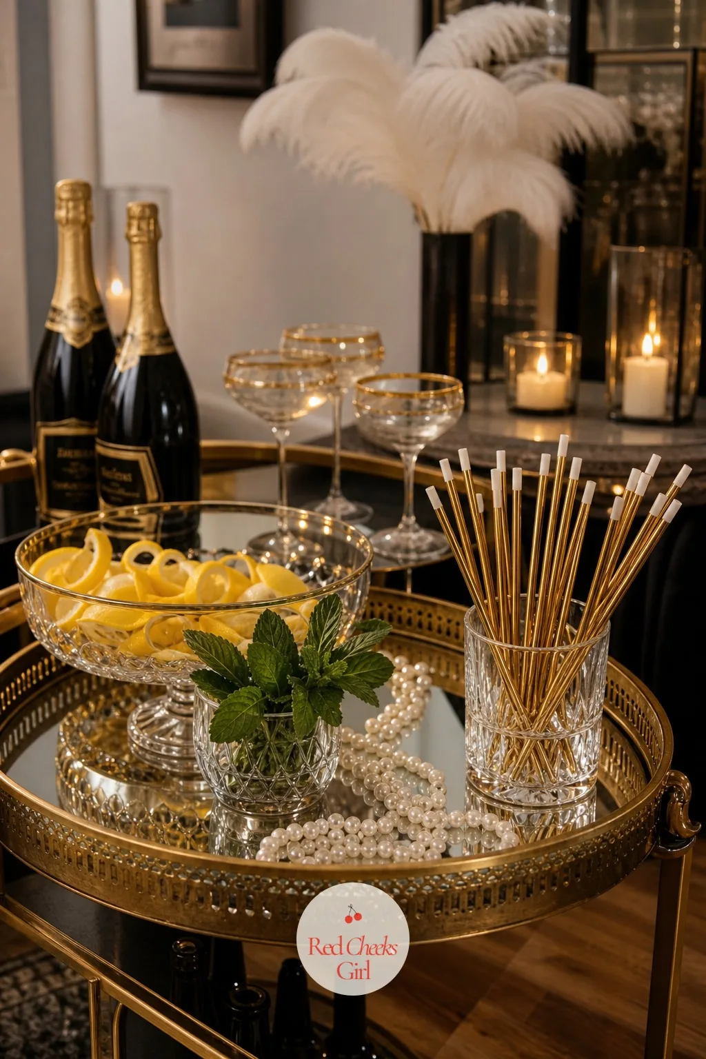 A Garnish Tray with Cigarette-Holder Straws — The garnish tray is the small detail that makes the bar feel dressed rather than just stocked: a round mirror
