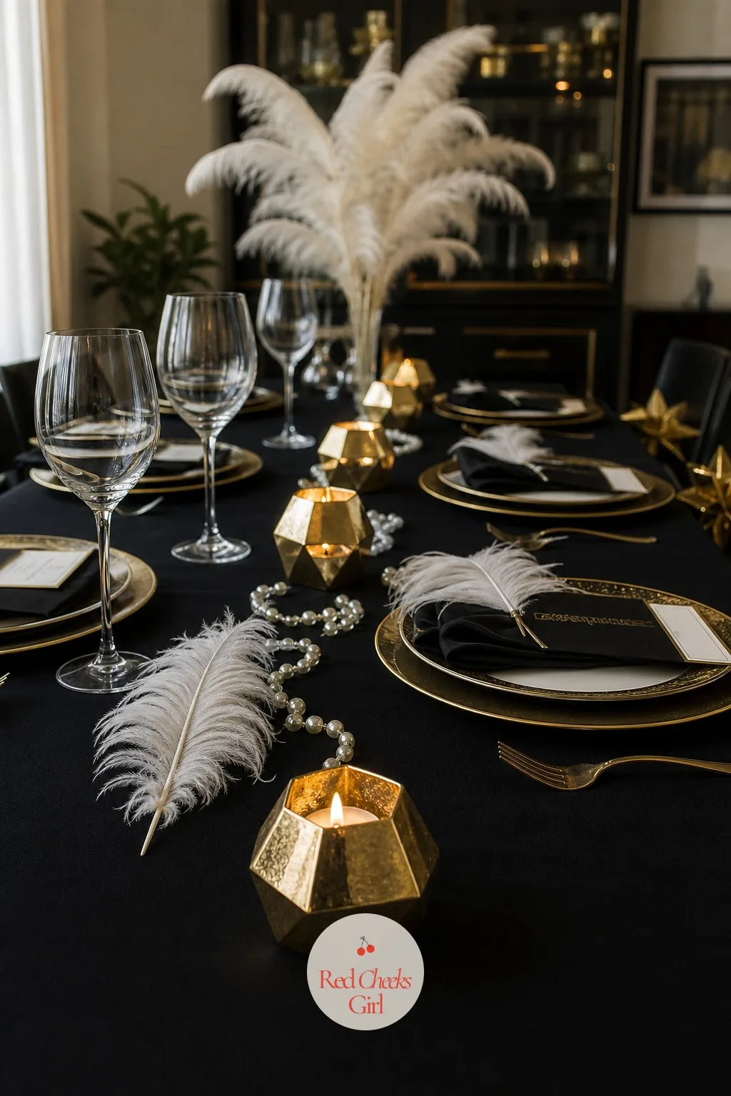 Geometric Votive Candles Down the Table — Overhead light should stay low on this table, which means the candles are doing the real work. Gatsby themed party