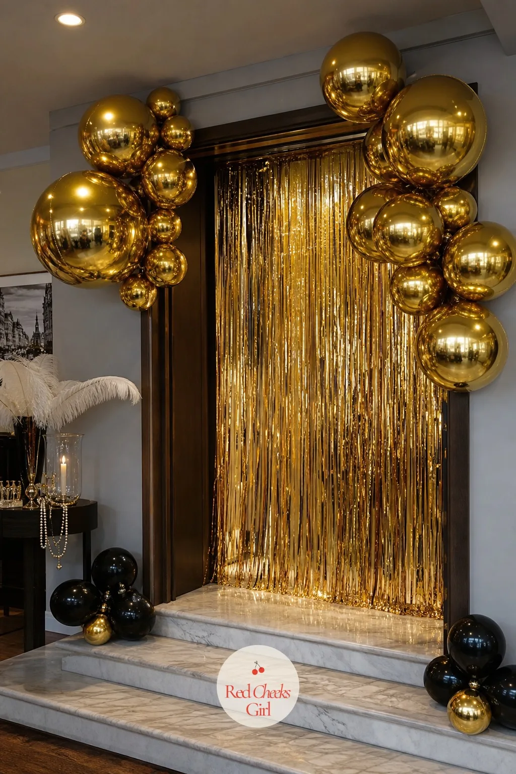 Gold Balloon Clusters at the Door — Fringe alone can read a little flat from a distance, so give the doorway some roundness too: clusters of oversized gold