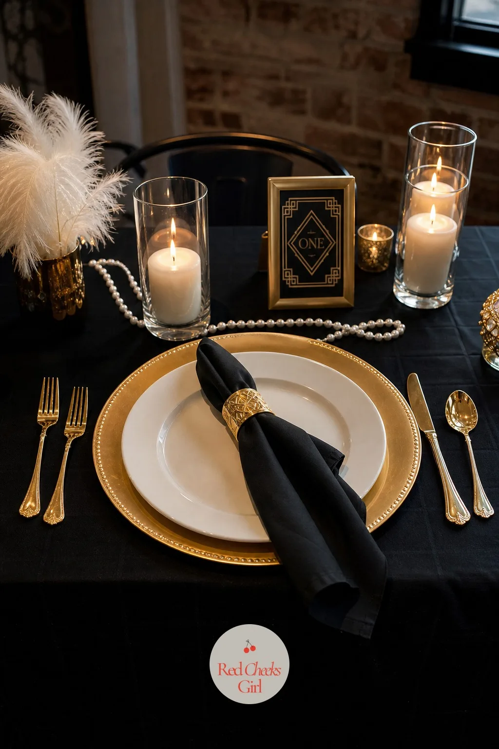 Gold Chargers with Black Napkins — A plain white dinner plate looks out of place on this table, so give every setting a gold charger underneath it first, with