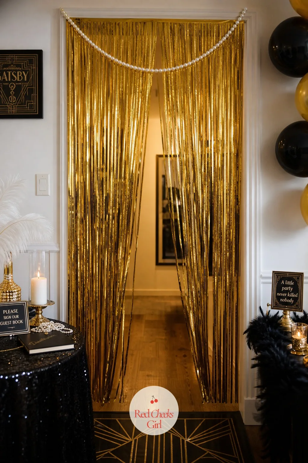 Gold Fringe Curtain in the Doorway — A plain front door says nothing. Gatsby themed party