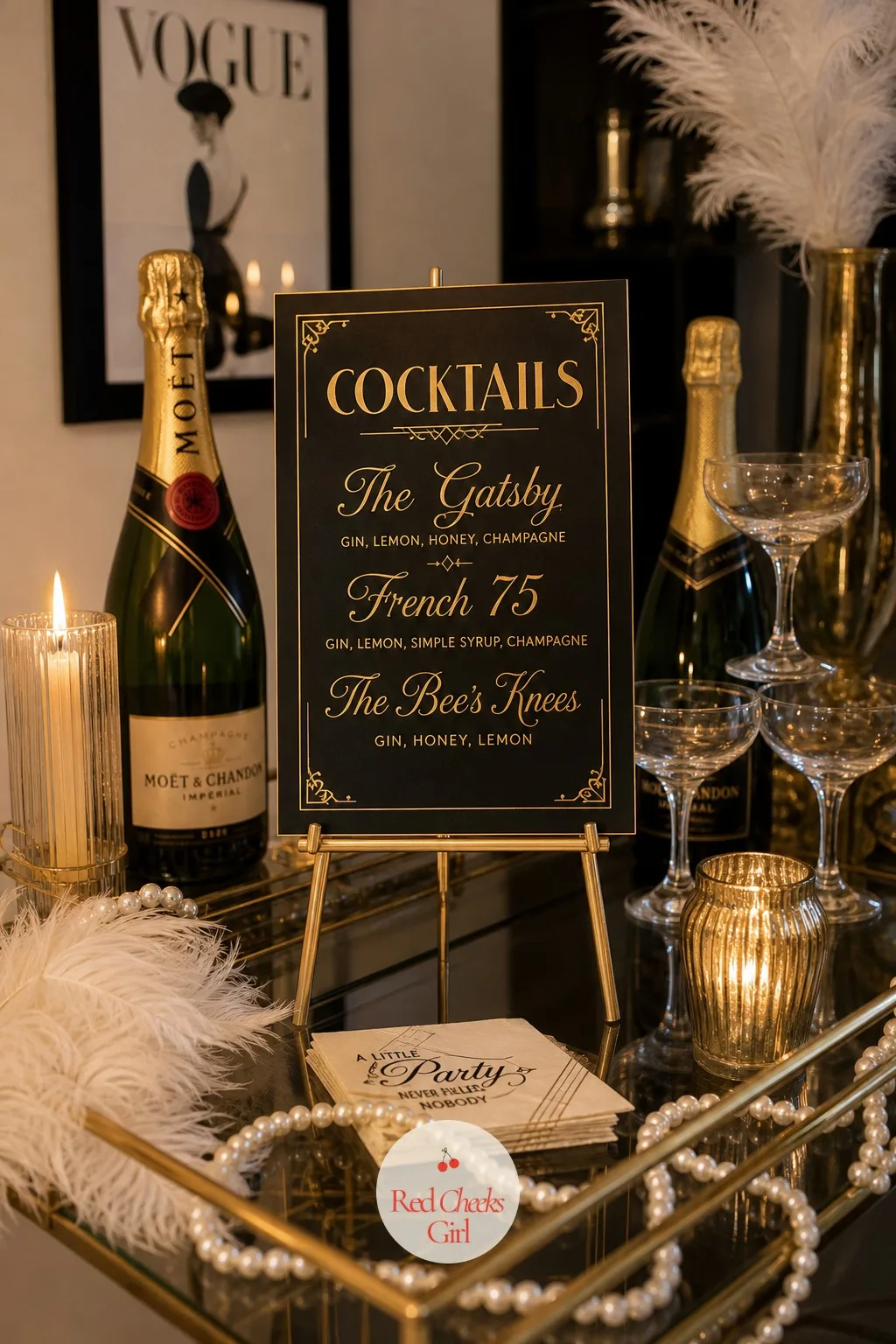 A Hand-Lettered Prohibition Cocktail Menu — Guests mixing their own drinks blind leads to a sticky bar top by nine. Gatsby themed party