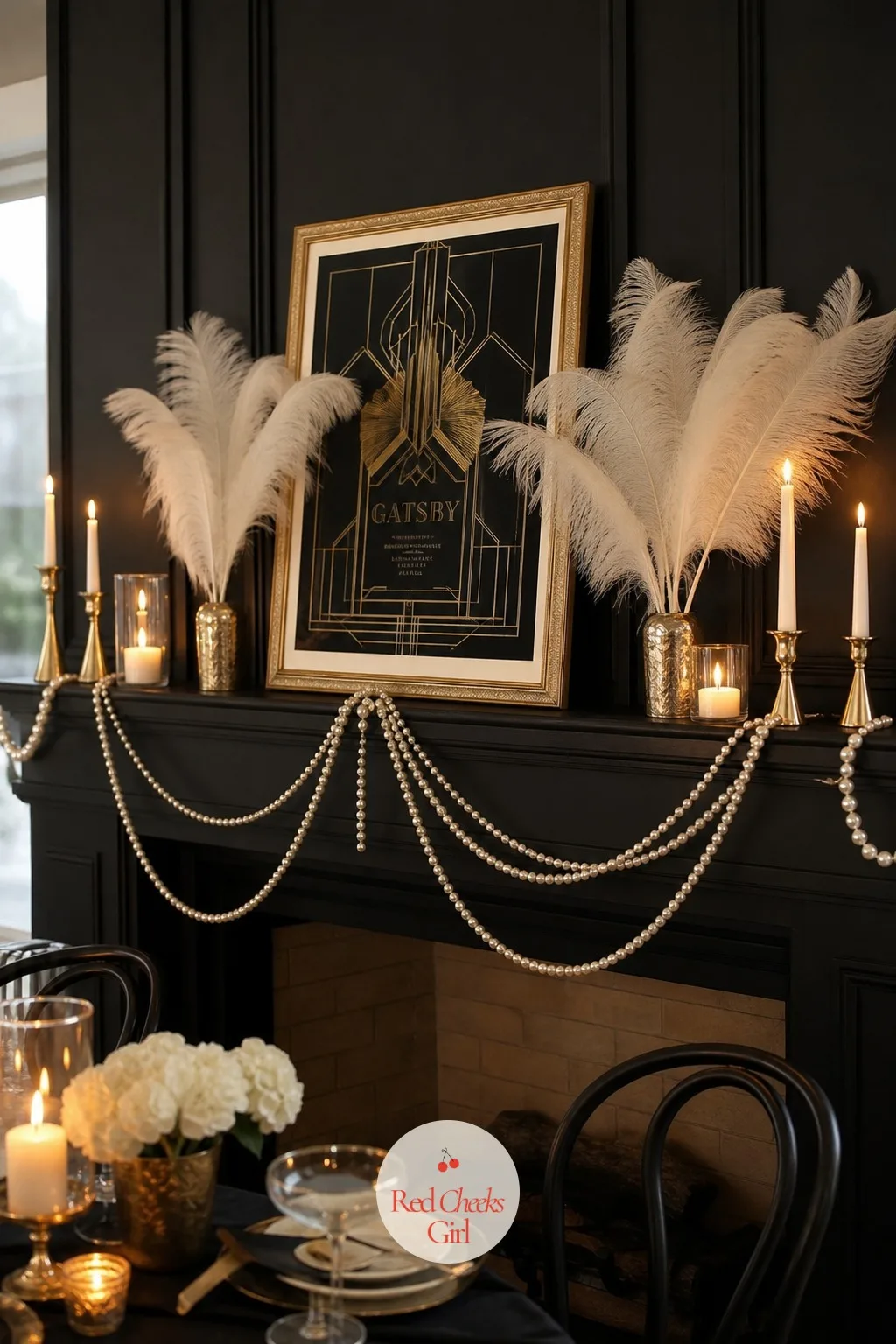 Pearl Swags Across the Mantel — If the living room has a mantel, a shelf, or even a long window ledge, that is the next biggest surface after the doorway, and