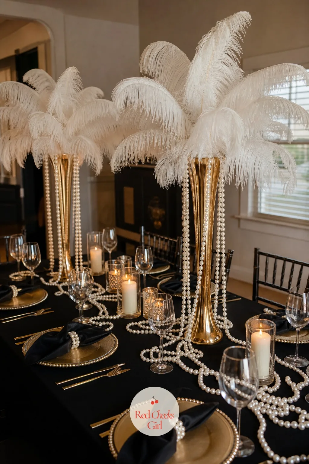 Tall Ostrich Feather Centerpieces with Pearl Strands — The dining table needs one thing that makes guests stop before they sit down, and nothing does it like