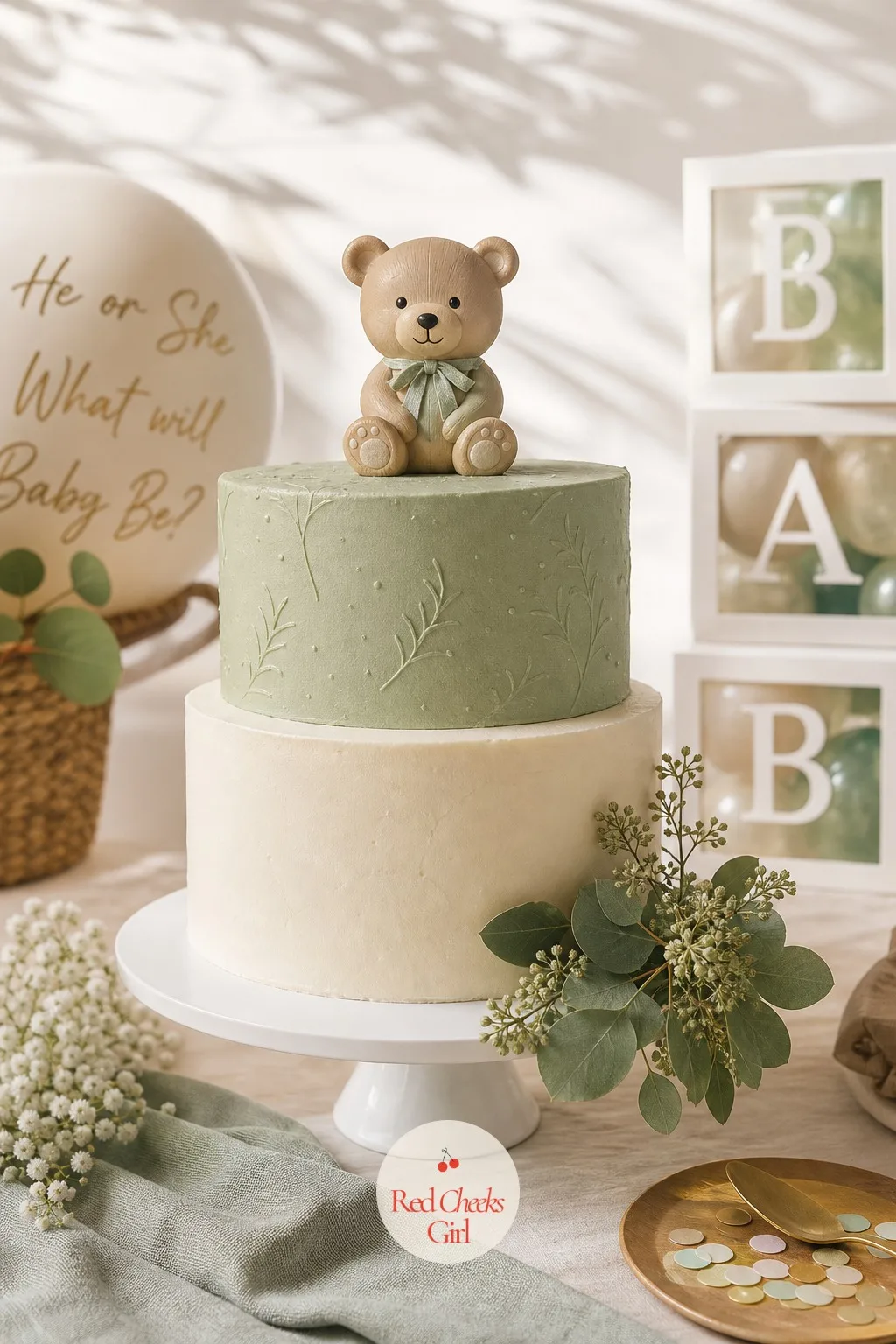 Bear Topper Cake — A small bear cub on top shifts the whole cake into a softer register than a glitter question mark ever could, which suits a quieter