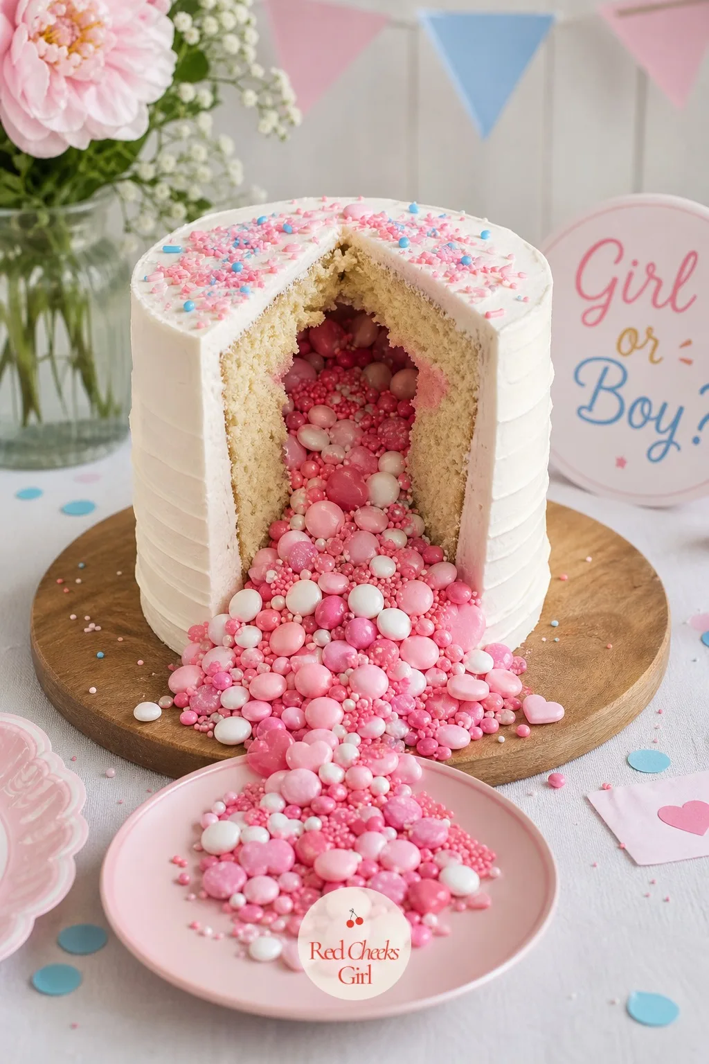 Candy-Avalanche Center Cake — Some rooms want more than a coloured crumb. Gender reveal cake
