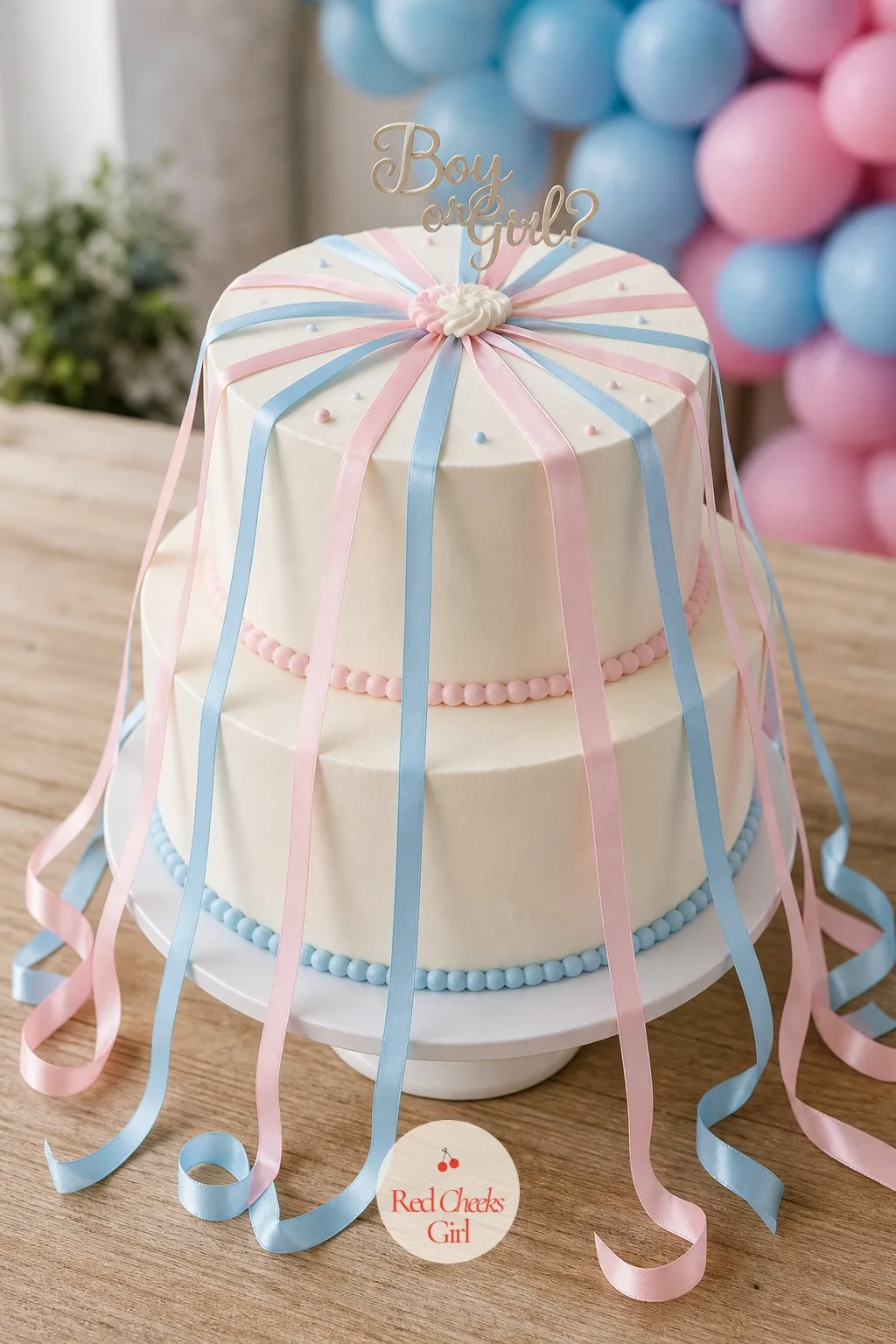 Classic Pull-Ribbon Reveal Cake — Half the fun of this one happens before anyone sees the colour, because every guest has to grab a ribbon and pull together on