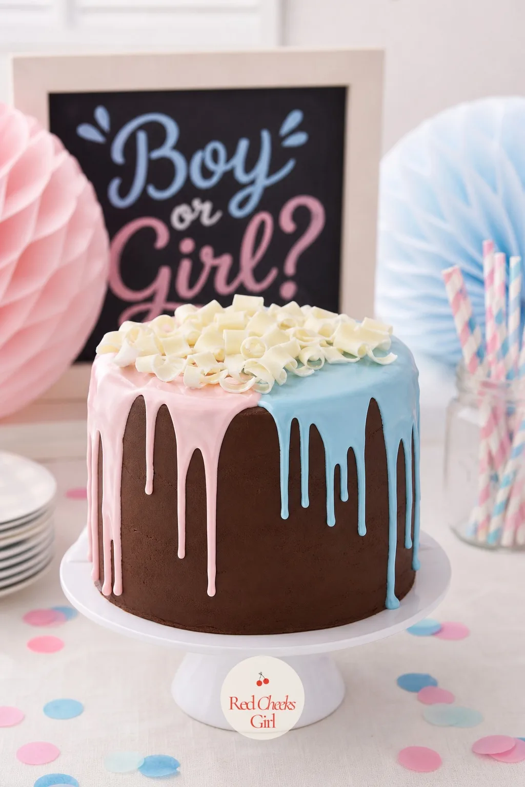 Double Cascade Drip Cake — This one skips the straight seam entirely and lets pink and blue ganache tumble down both sides until they pool together at the