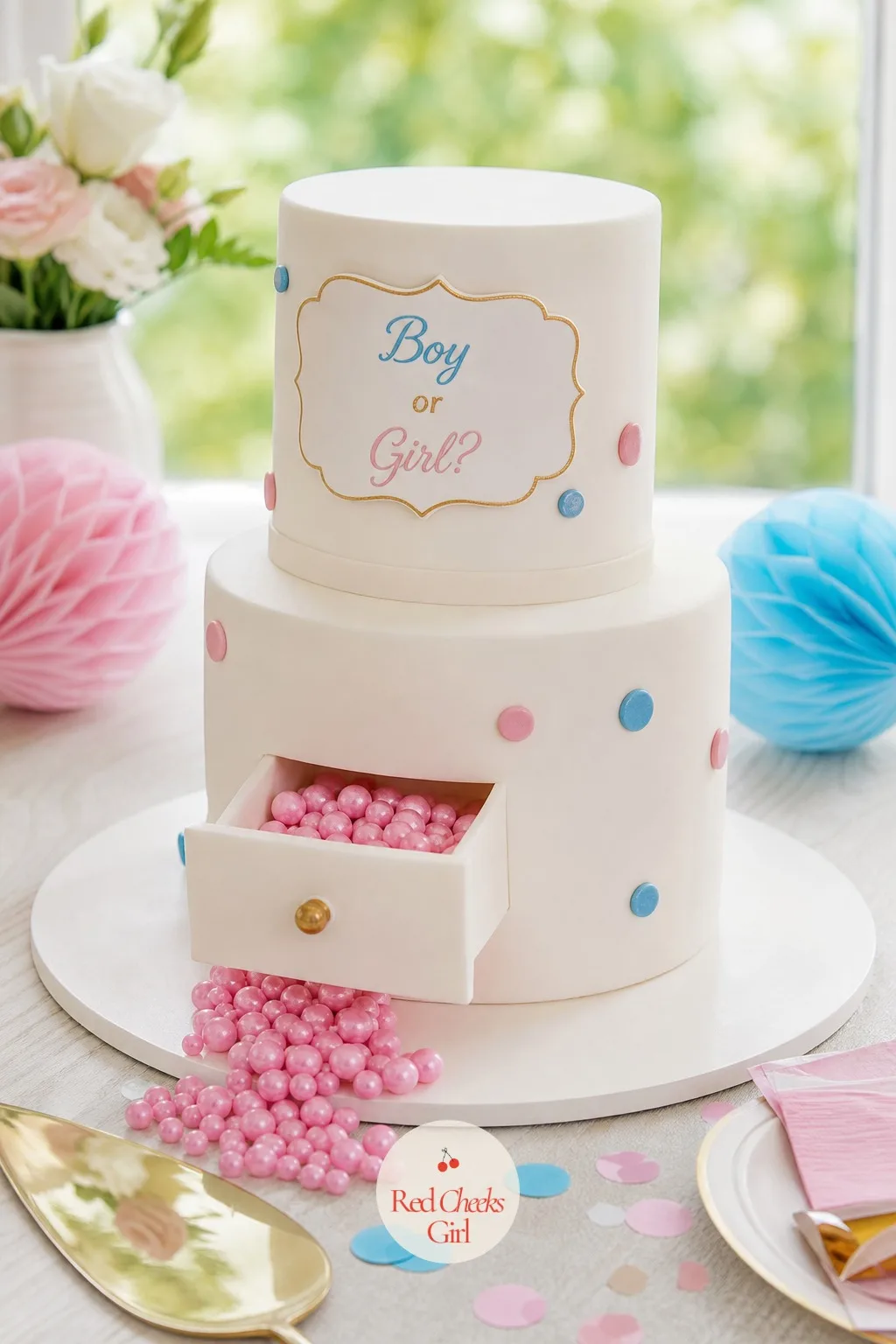 Drawer-Style Pull Cake — Instead of confetti falling from above, this one hides a small drawer in the cake's side that slides open on a ribbon pull, like