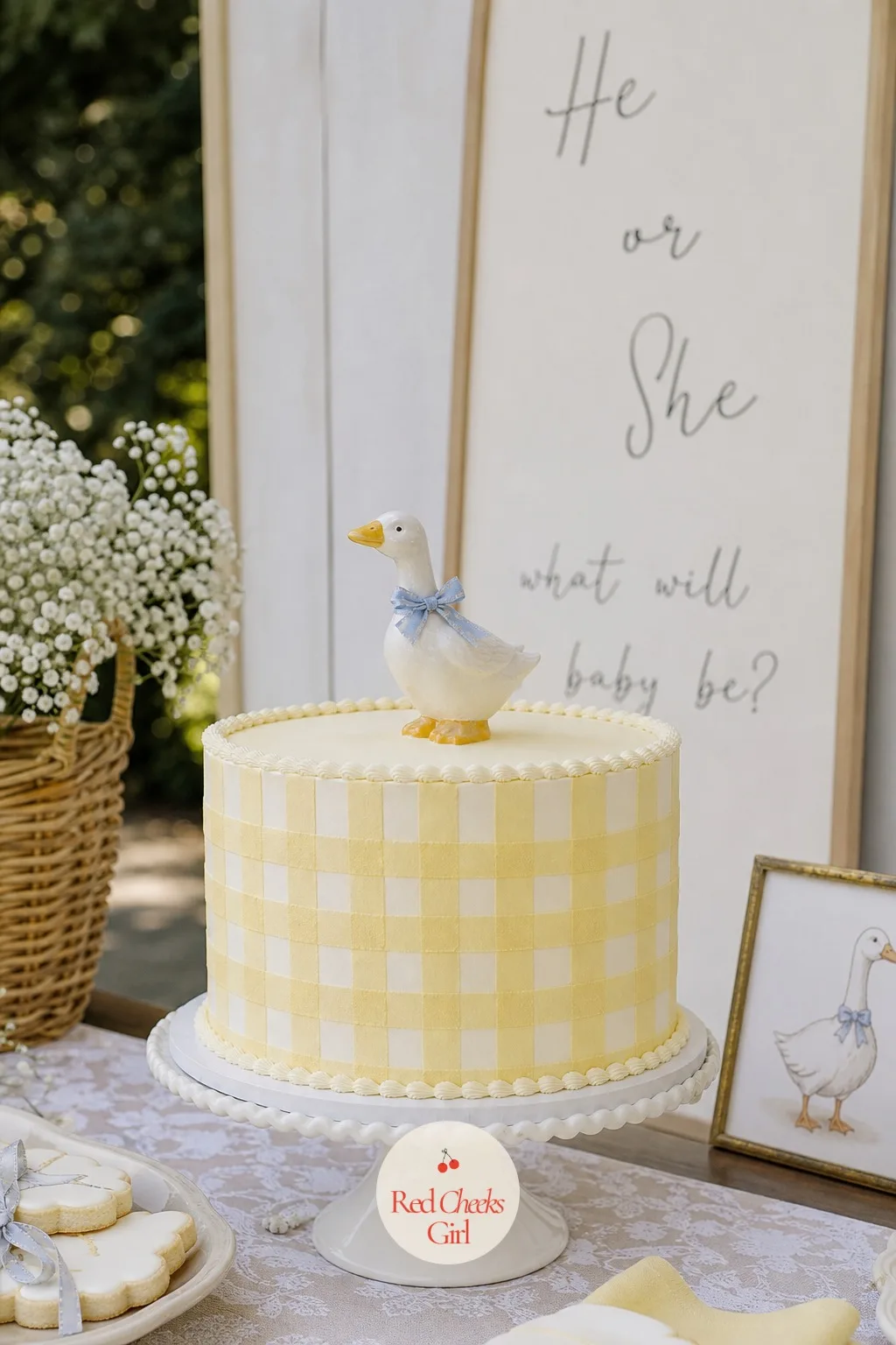 Goose Topper Cake — A hand-painted goose figure brings a storybook feeling to the table that a plastic topper cannot match, closer to a nursery shelf than a