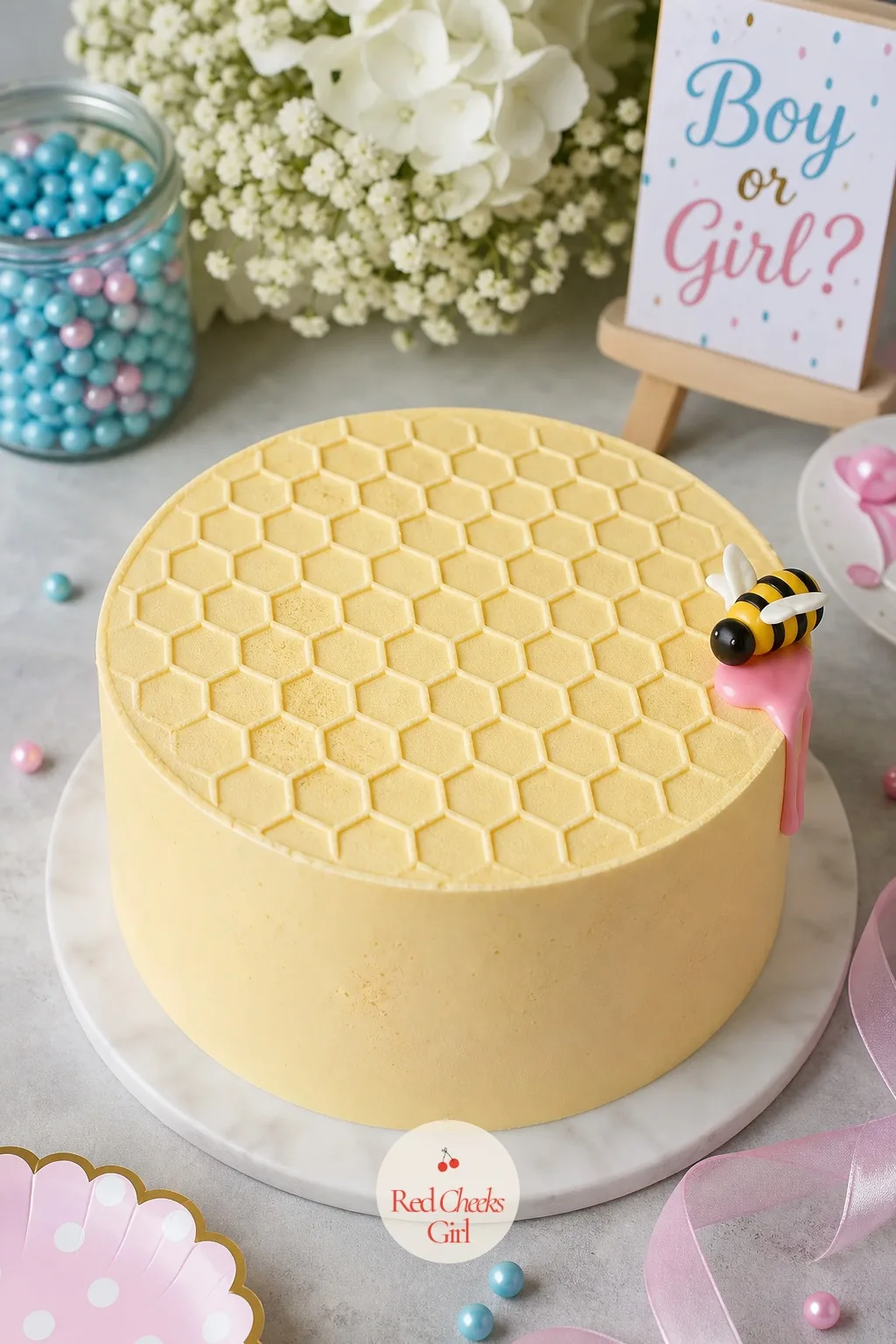 Honeycomb Bee Topper Cake — A bee pun earns its keep here because the texture does the work, not the joke, with a honeycomb pattern pressed into fondant before